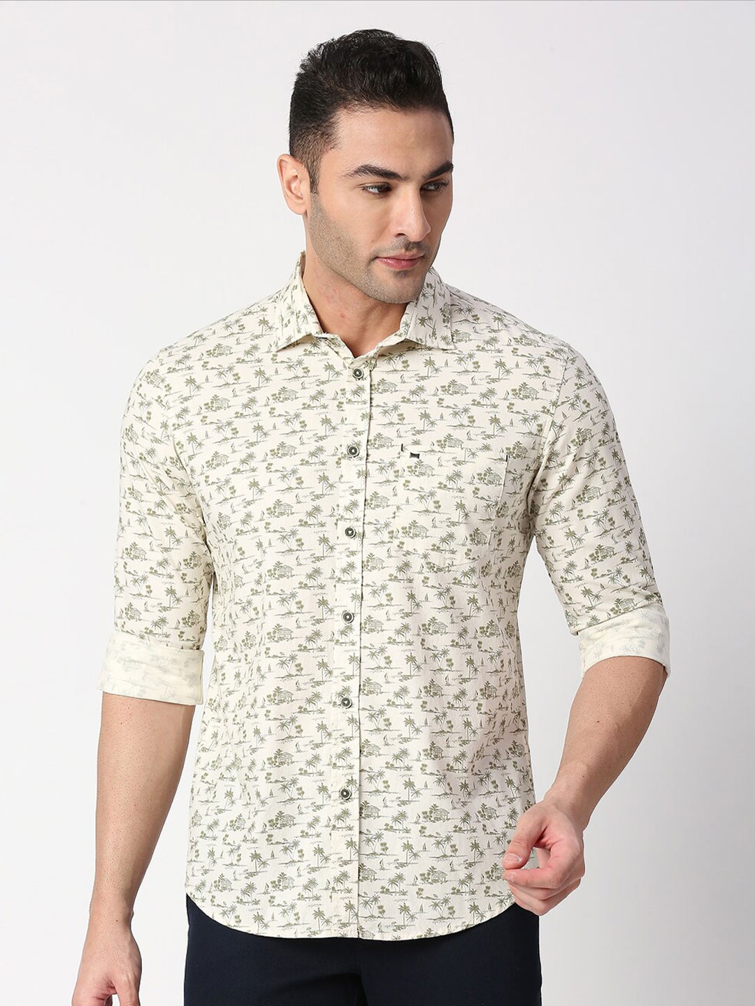 

Basics Men Beige Slim Fit Printed Cotton Casual Shirt