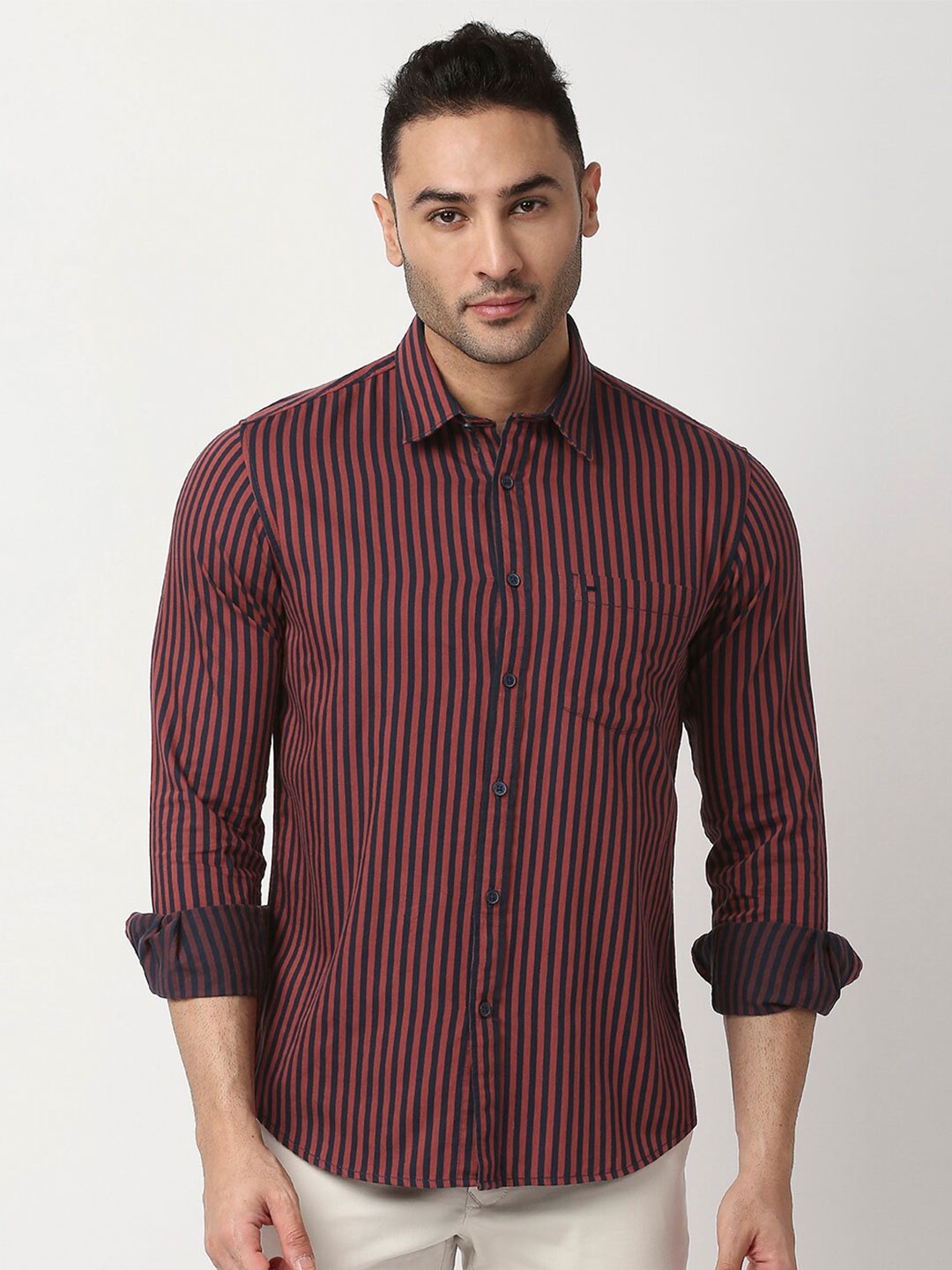 

Basics Men Red Slim Fit Striped Cotton Casual Shirt