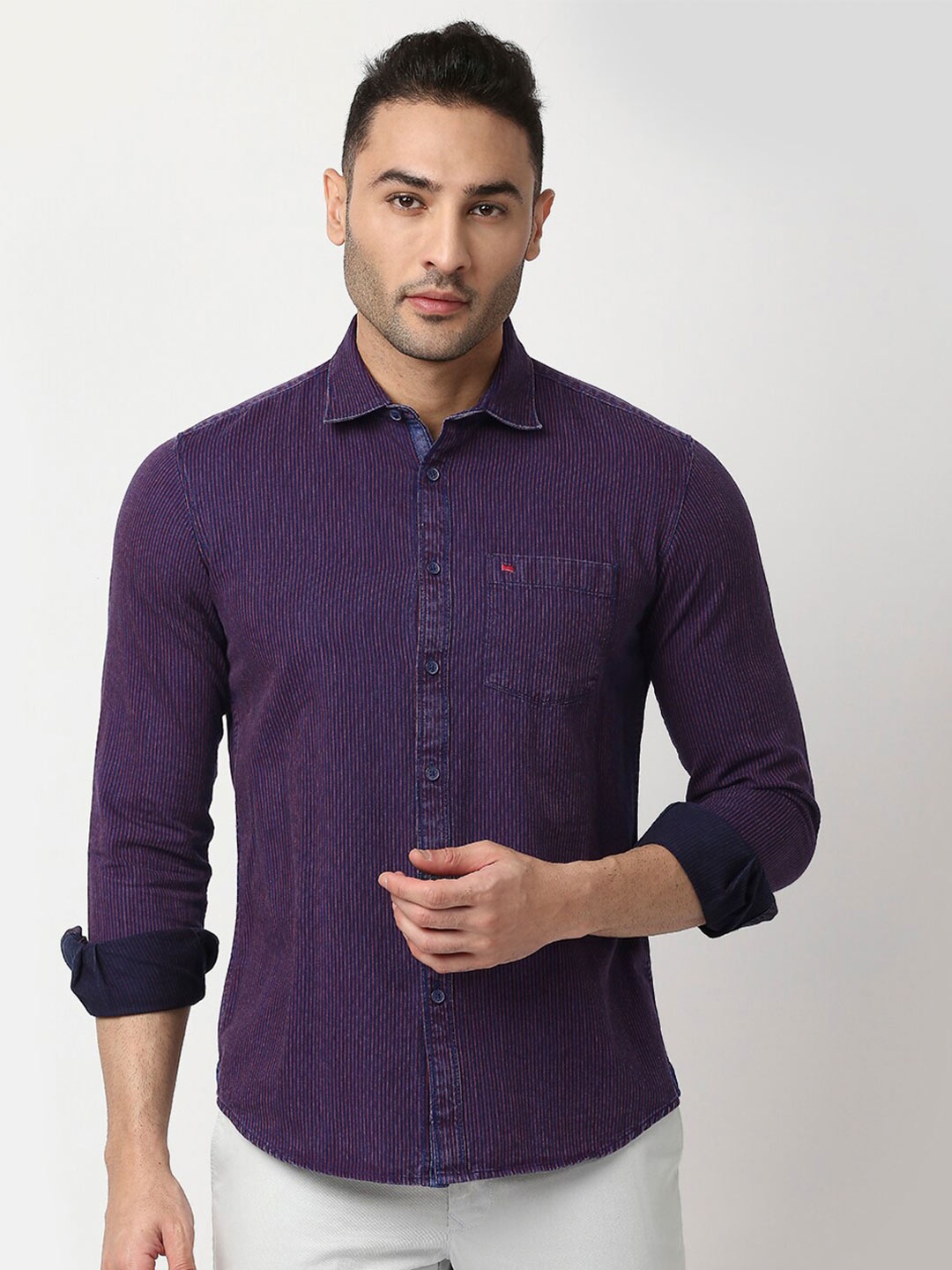 

Basics Men Purple Slim Fit Striped Cotton Casual Shirt