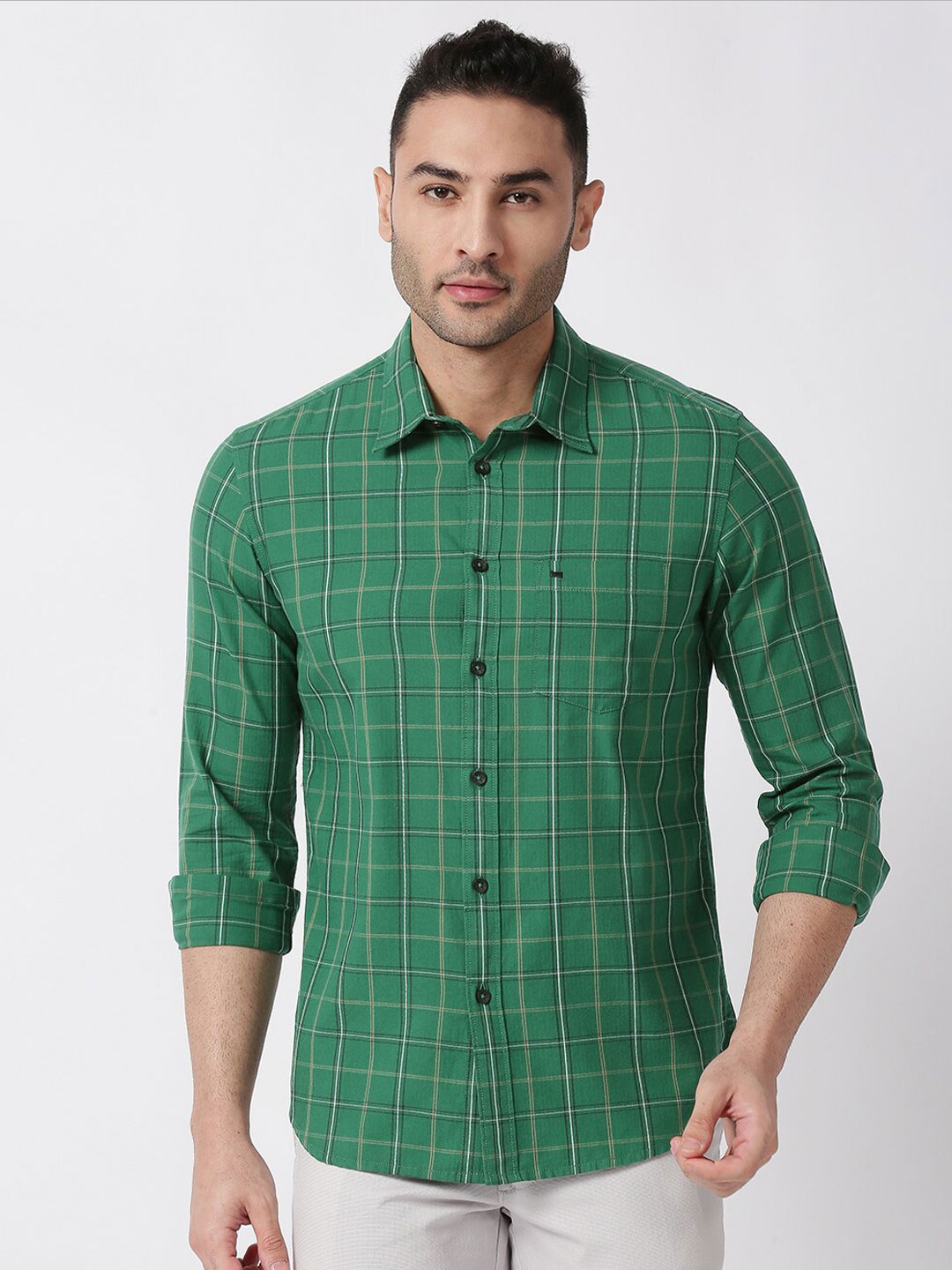 

Basics Men Slim Fit Checked Cotton Casual Shirt, Green