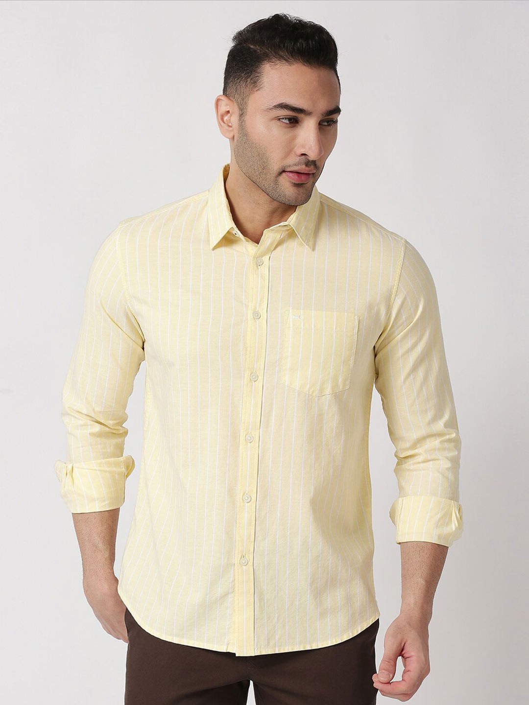 

Basics Men Yellow Slim Fit Striped Cotton Casual Shirt
