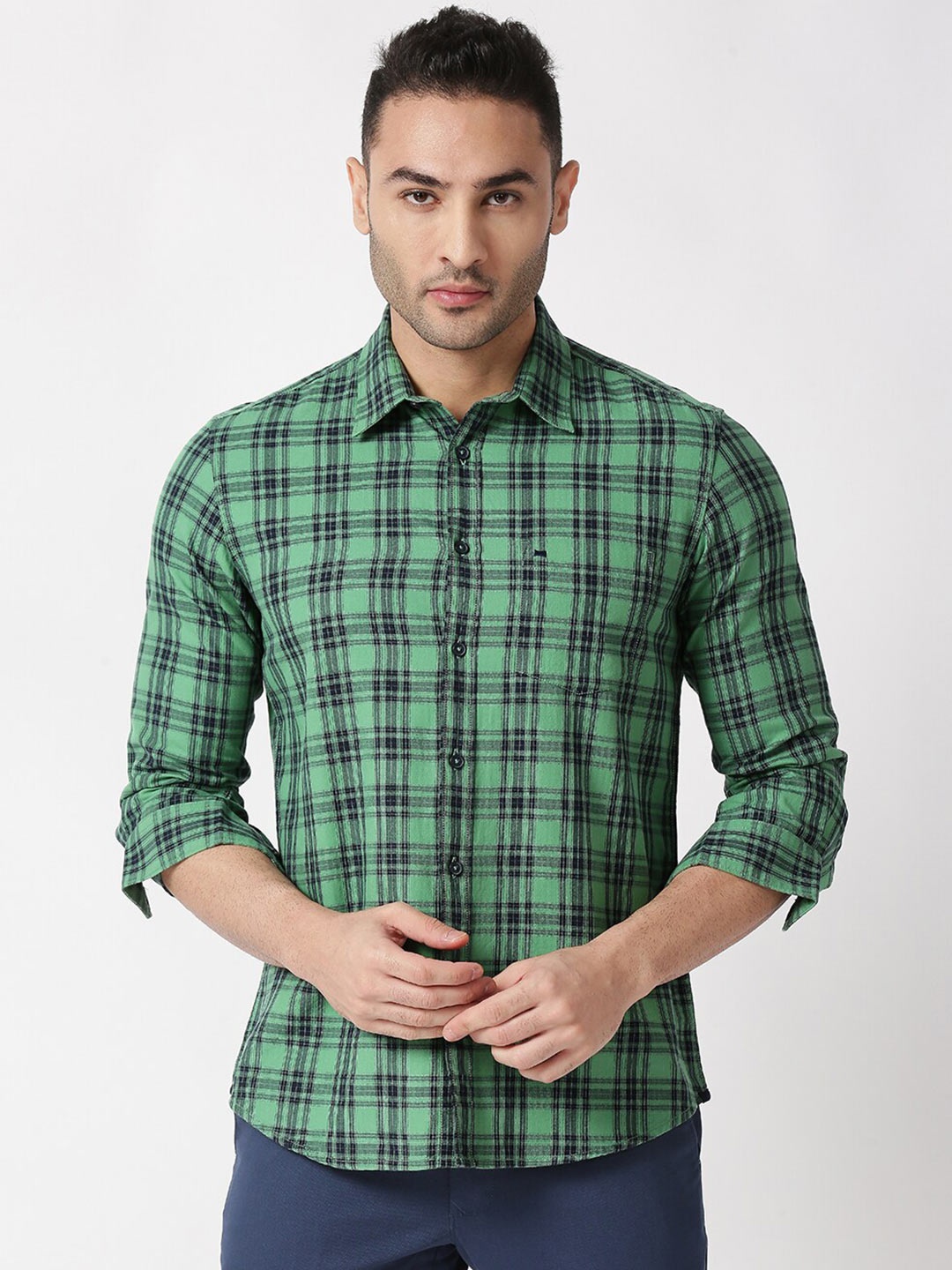 

Basics Men Green Slim Fit Checked Cotton Casual Shirt