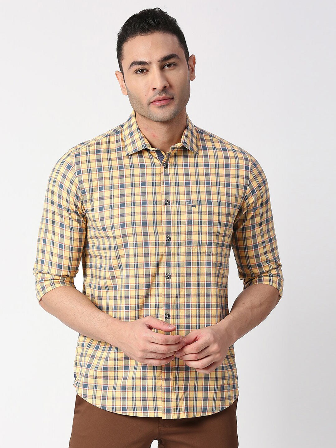 

Basics Men Yellow Slim Fit Checked Cotton Casual Shirt