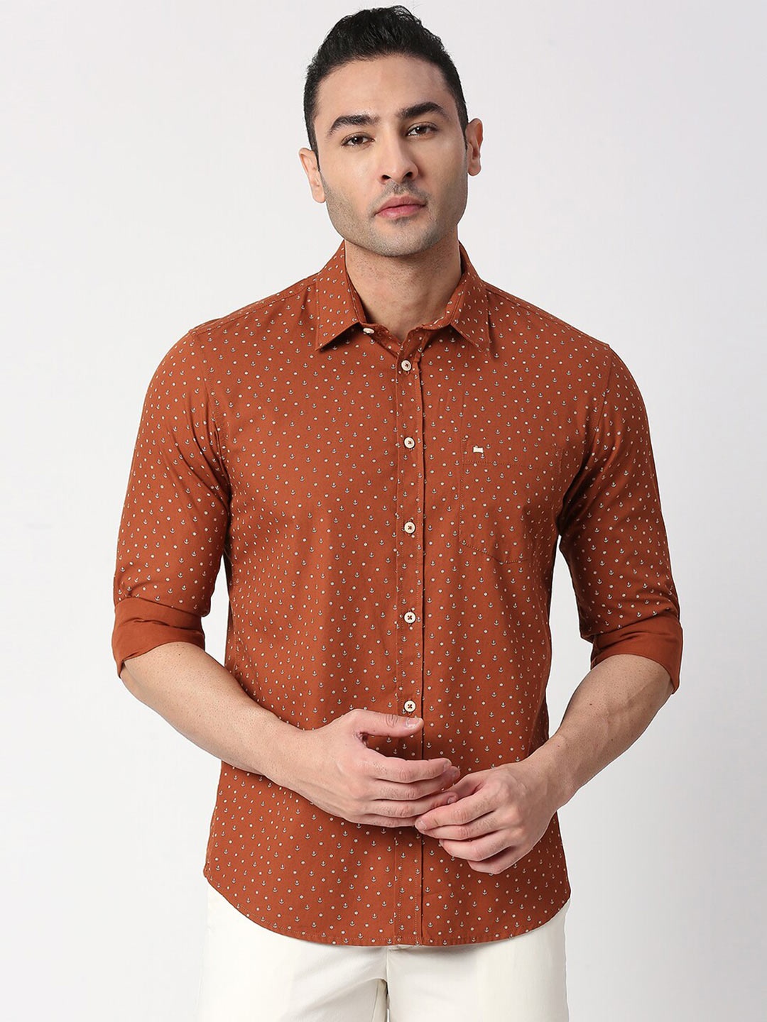 

Basics Men Slim Fit Printed Cotton Casual Shirt, Rust