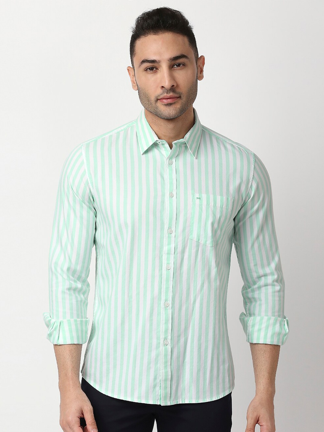 

Basics Men Green Slim Fit Striped Cotton Casual Shirt