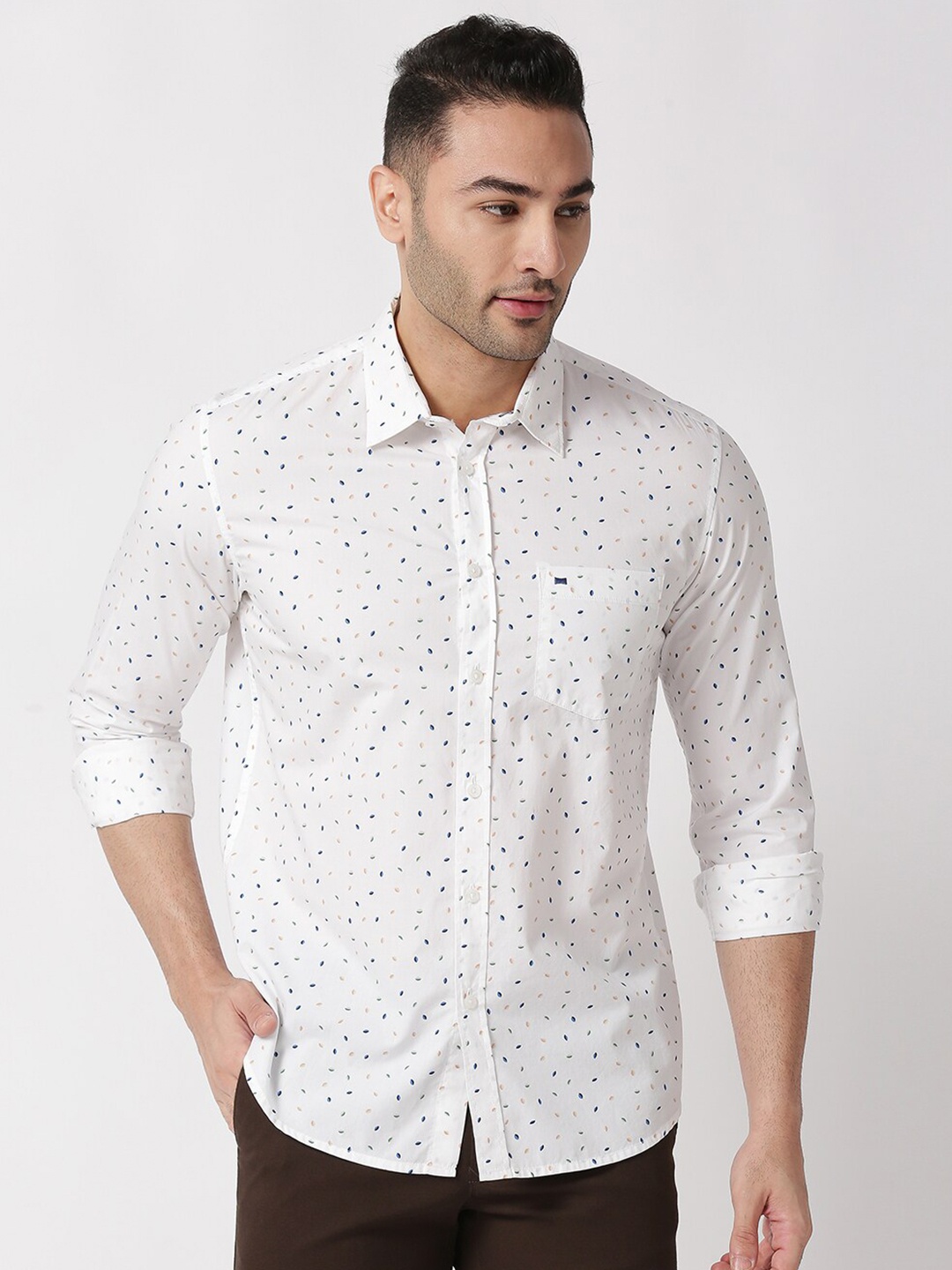 

Basics Men Slim Fit Printed Cotton Casual Shirt, White