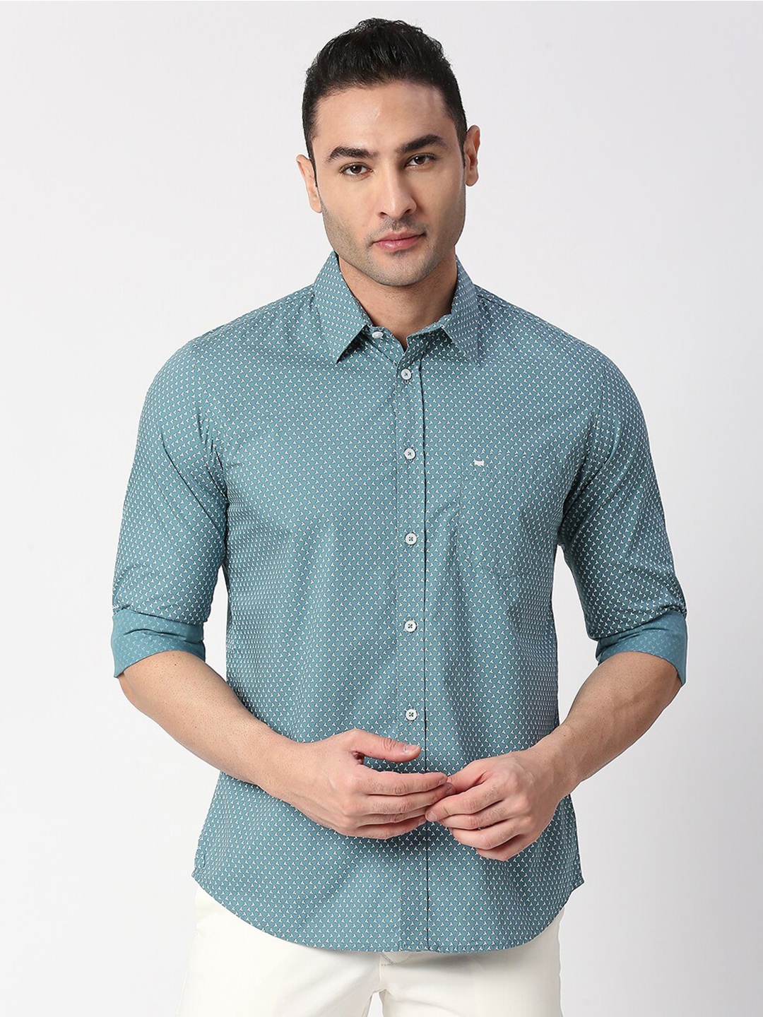 

Basics Men Slim Fit Printed Cotton Casual Shirt, Turquoise blue