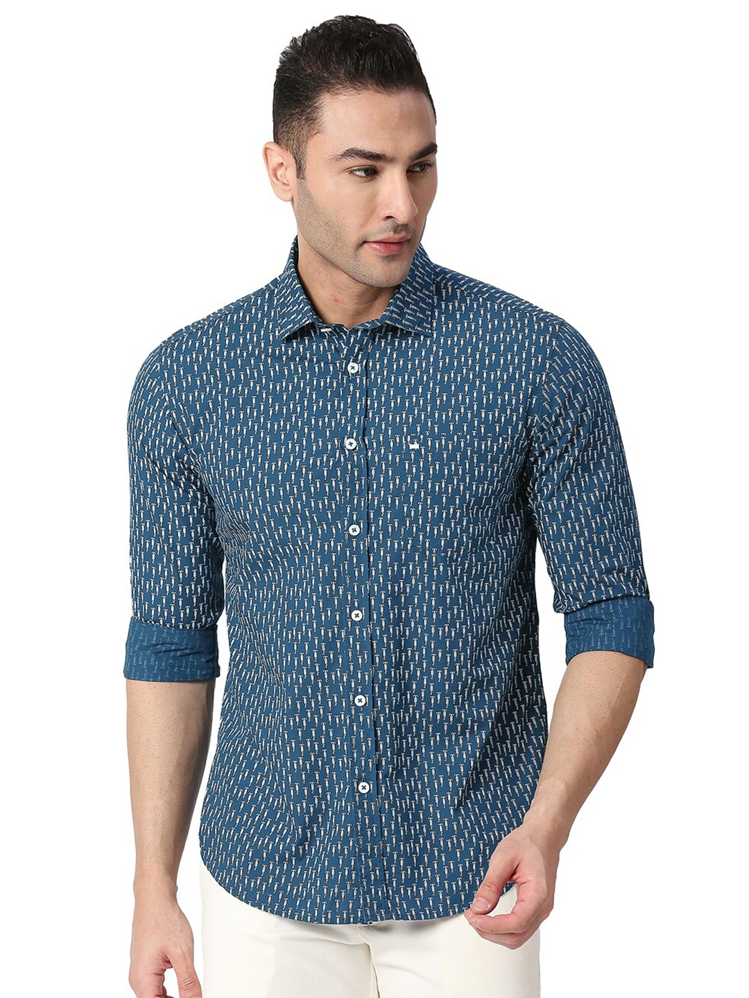 

Basics Men Blue Slim Fit Printed Cotton Casual Shirt