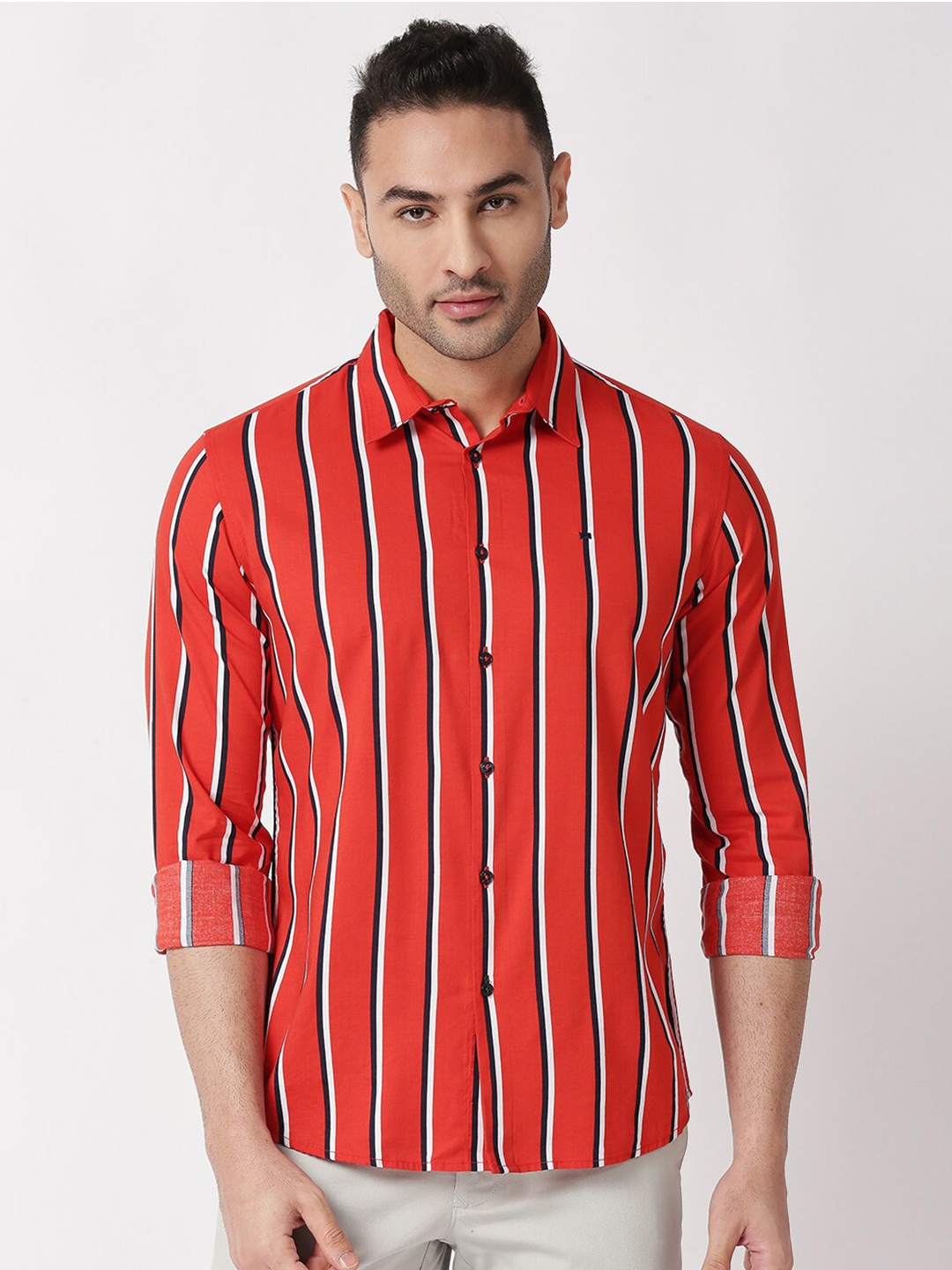 

Basics Men Red Slim Fit Striped Cotton Casual Shirt