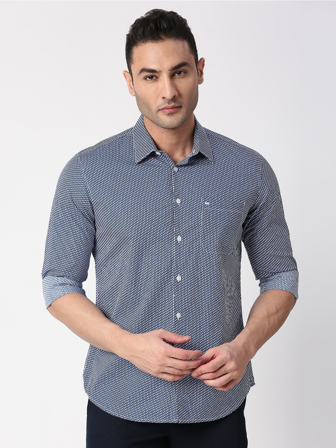 

Basics Men Slim Fit Printed Cotton Casual Shirt, Blue