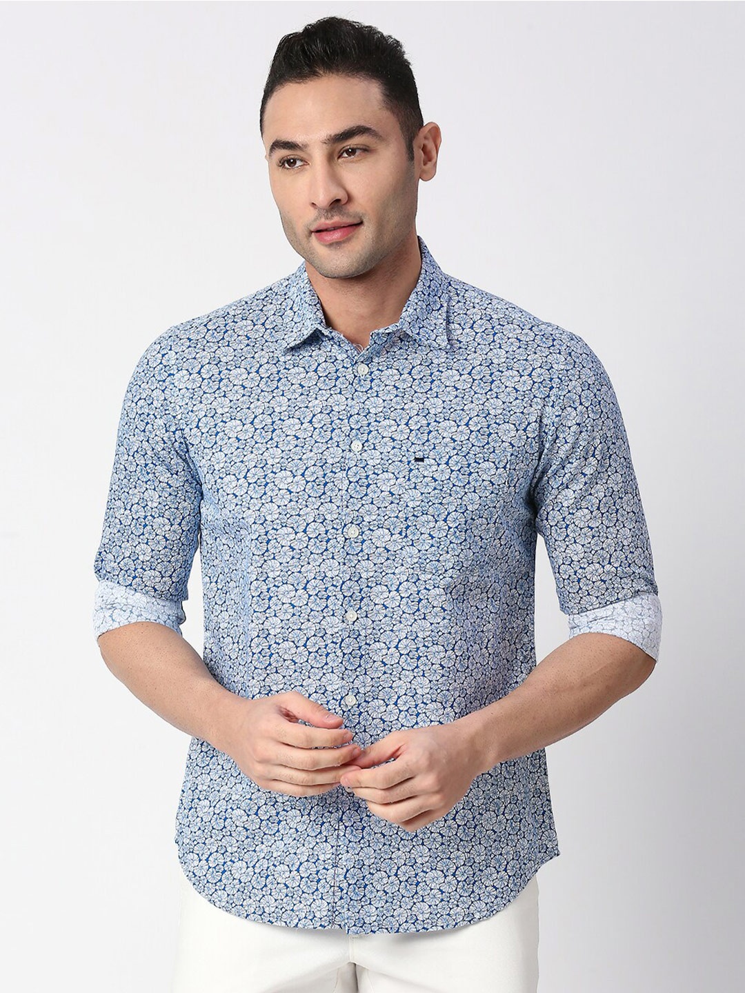 

Basics Men Slim Fit Floral Printed Cotton Casual Shirt, White