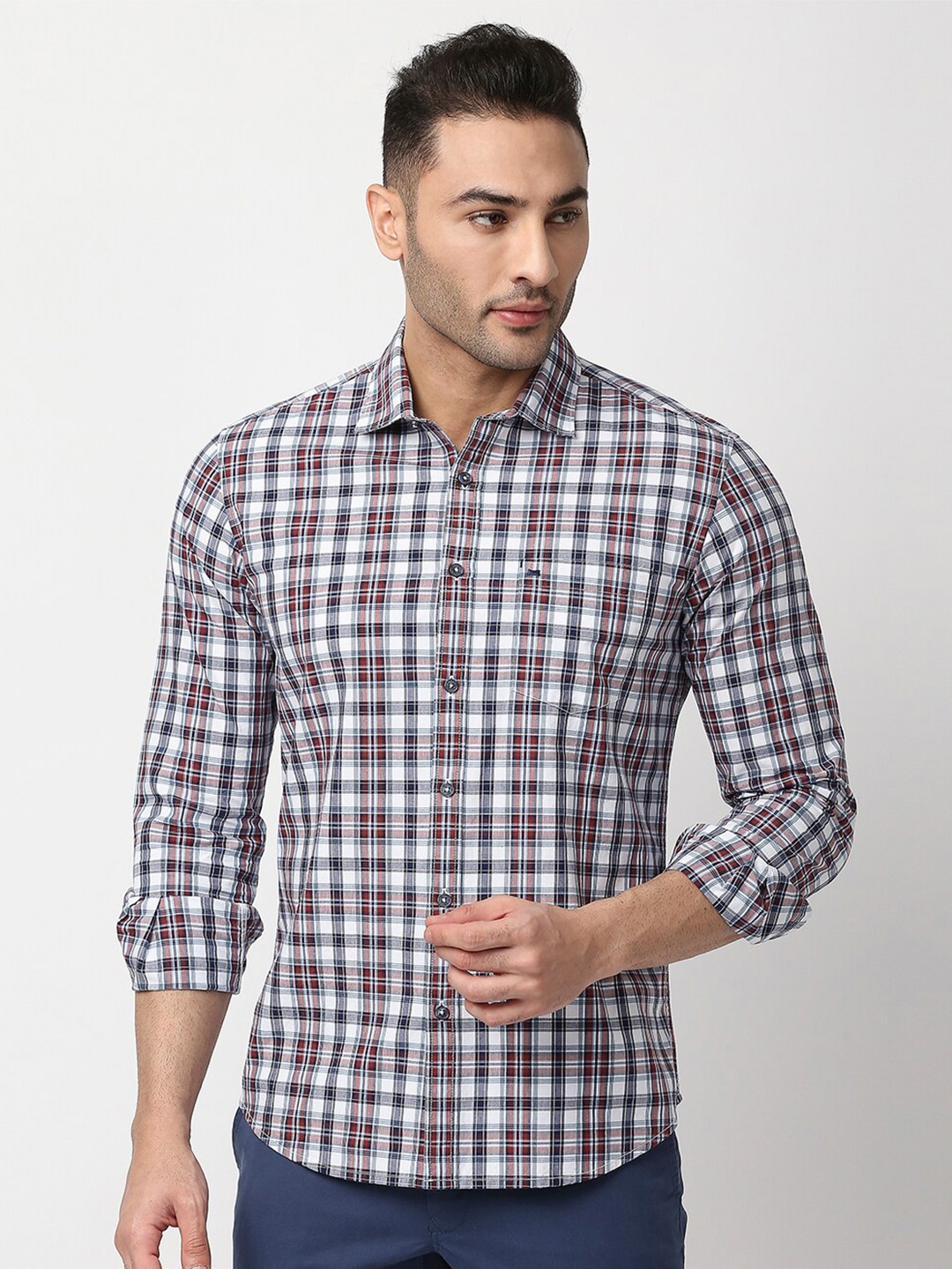 

Basics Men Red & Blue Slim Fit Tartan Checked Cotton Casual Shirt