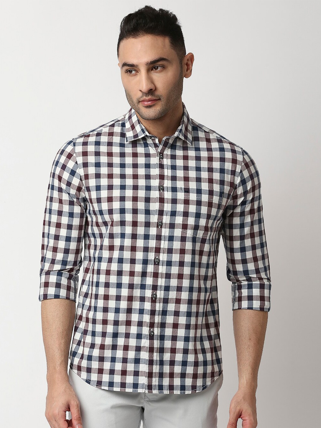 

Basics Men White Slim Fit Gingham Checked Cotton Casual Shirt