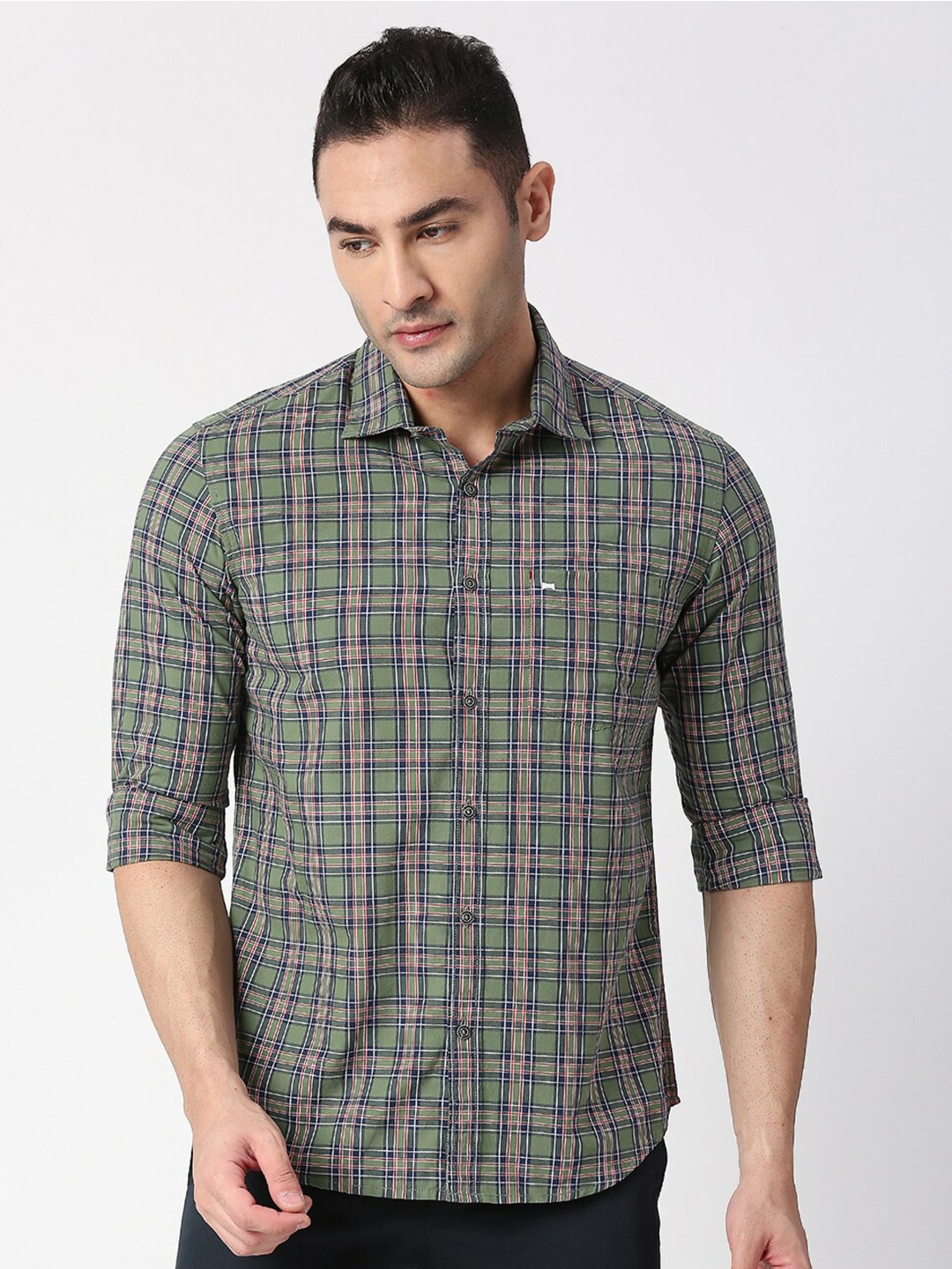 

Basics Men Green Slim Fit Checked Cotton Casual Shirt