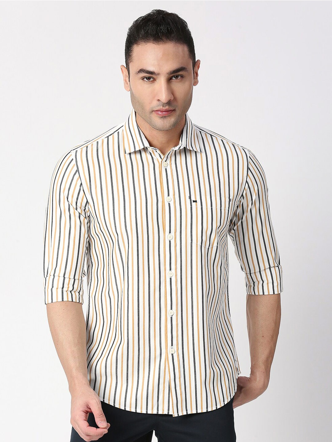 

Basics Men White Slim Fit Striped Cotton Casual Shirt