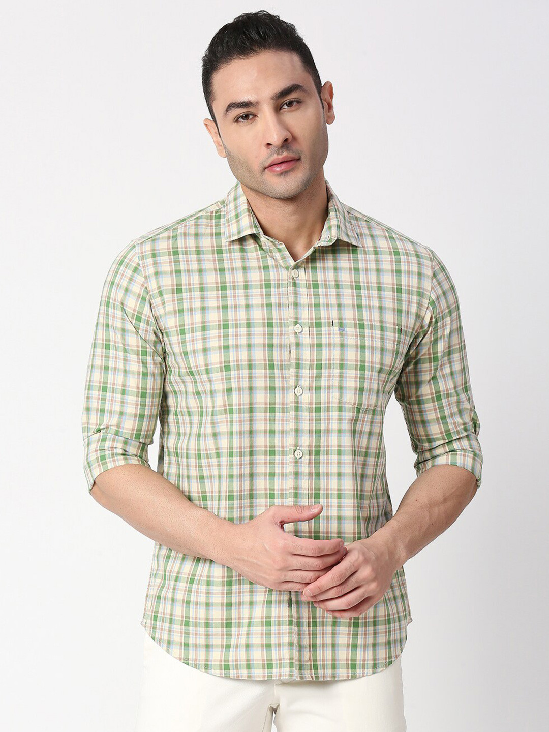 

Basics Men Green Slim Fit Checked Cotton Casual Shirt