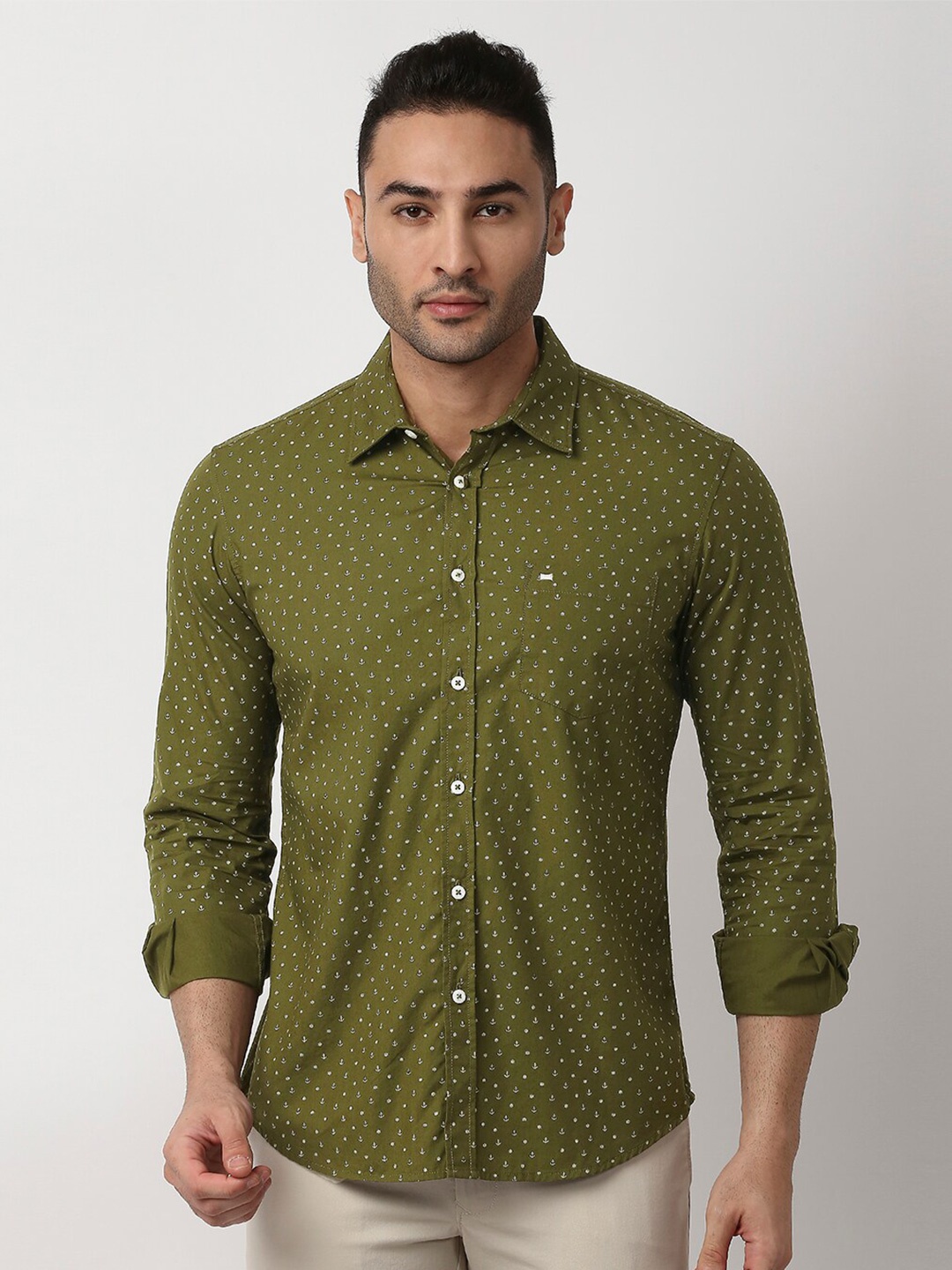 

Basics Men Slim Fit Printed Cotton Casual Shirt, Olive