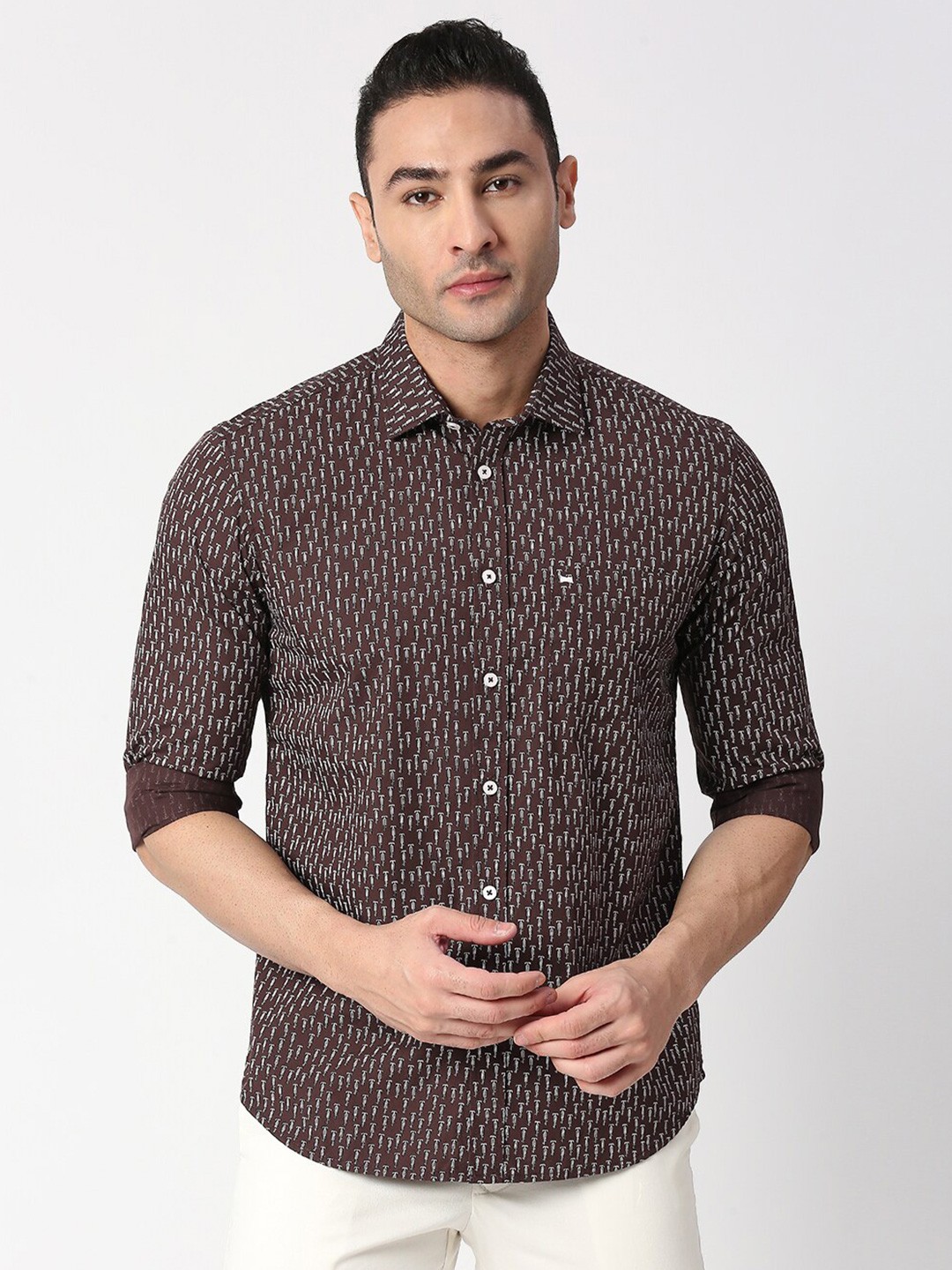 

Basics Men Slim Fit Printed Cotton Casual Shirt, Coffee brown