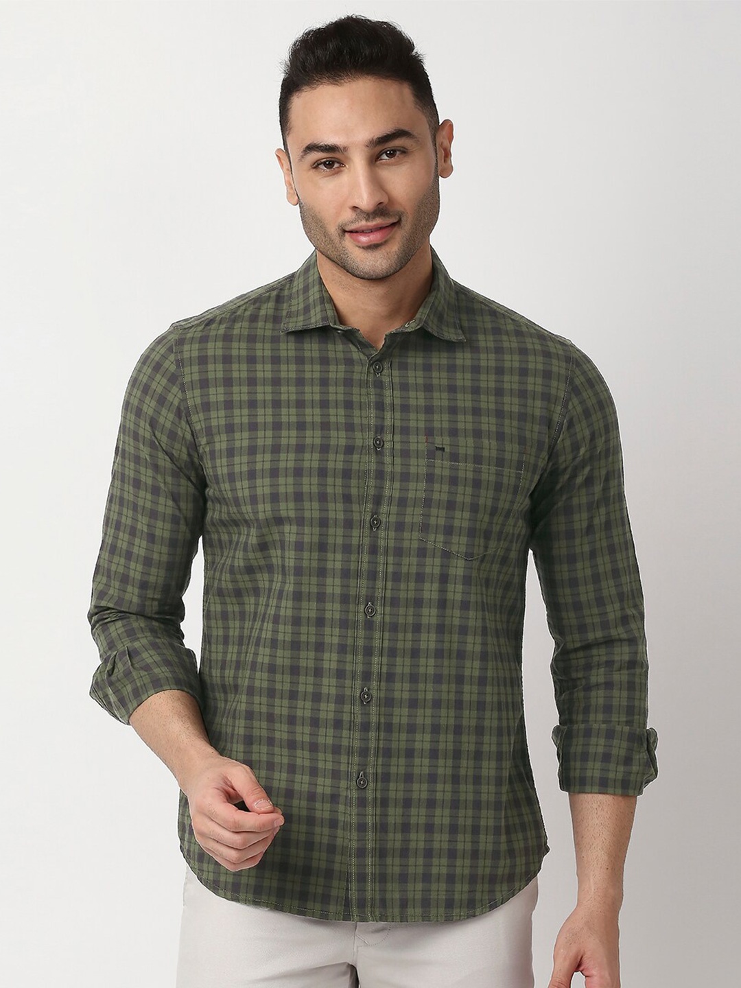 

Basics Men Green Slim Fit Checked Cotton Casual Shirt