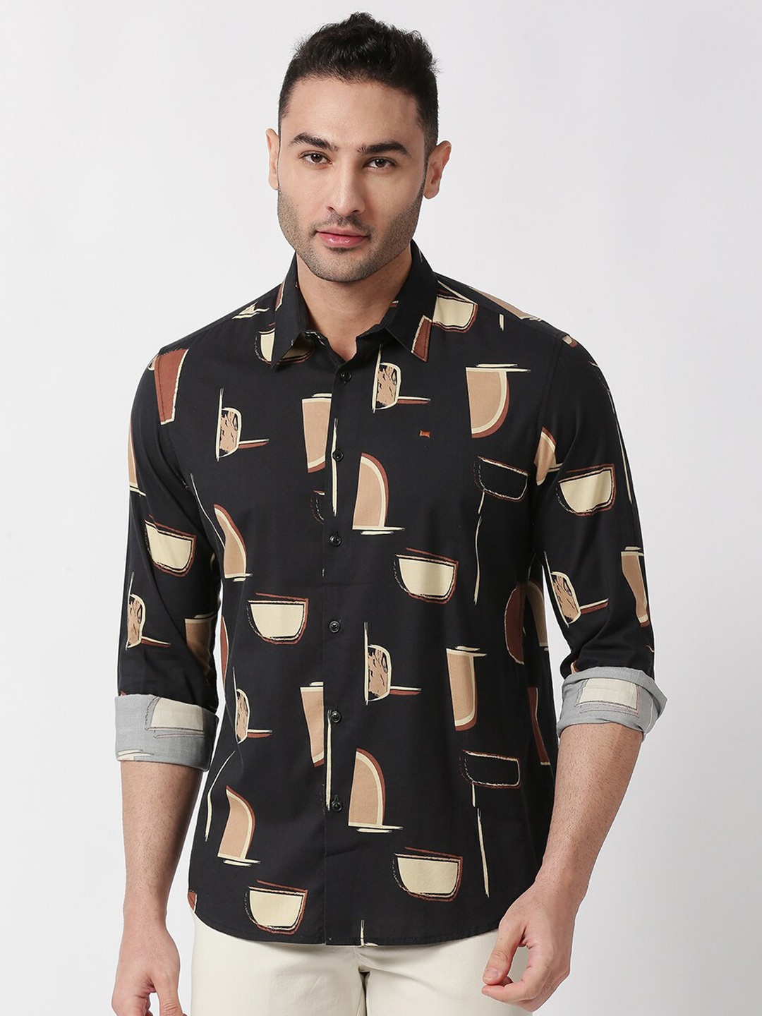 

Basics Men Black Slim Fit Printed Cotton Casual Shirt