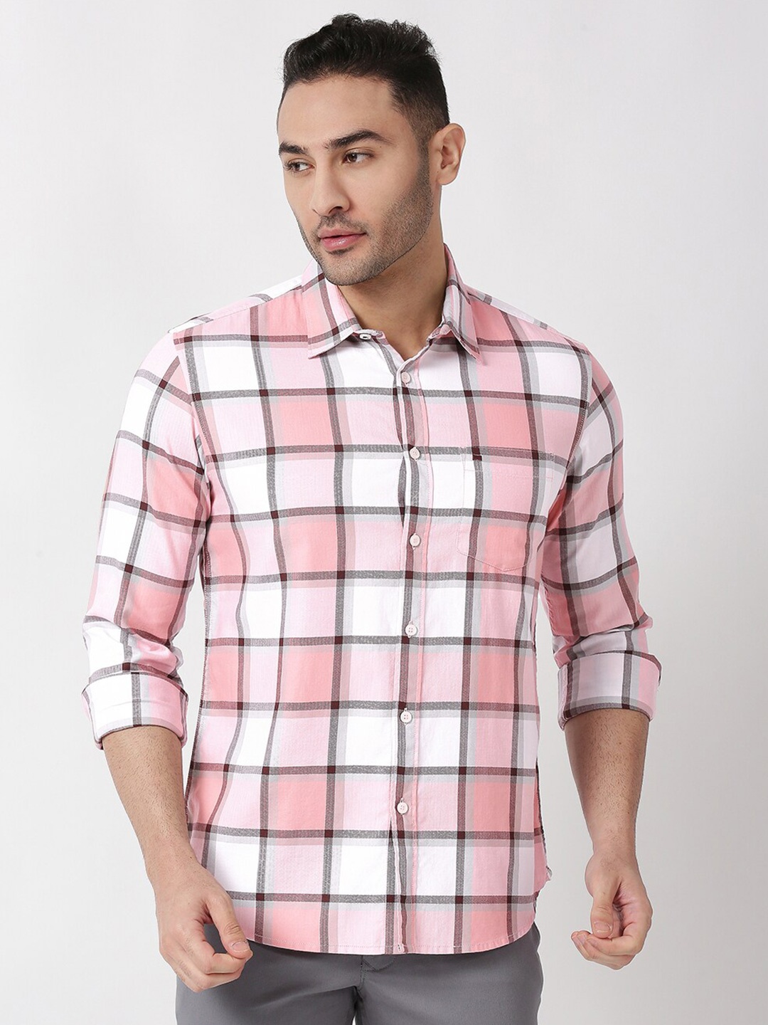 

Basics Men Pink Slim Fit Windowpane Checked Cotton Casual Shirt