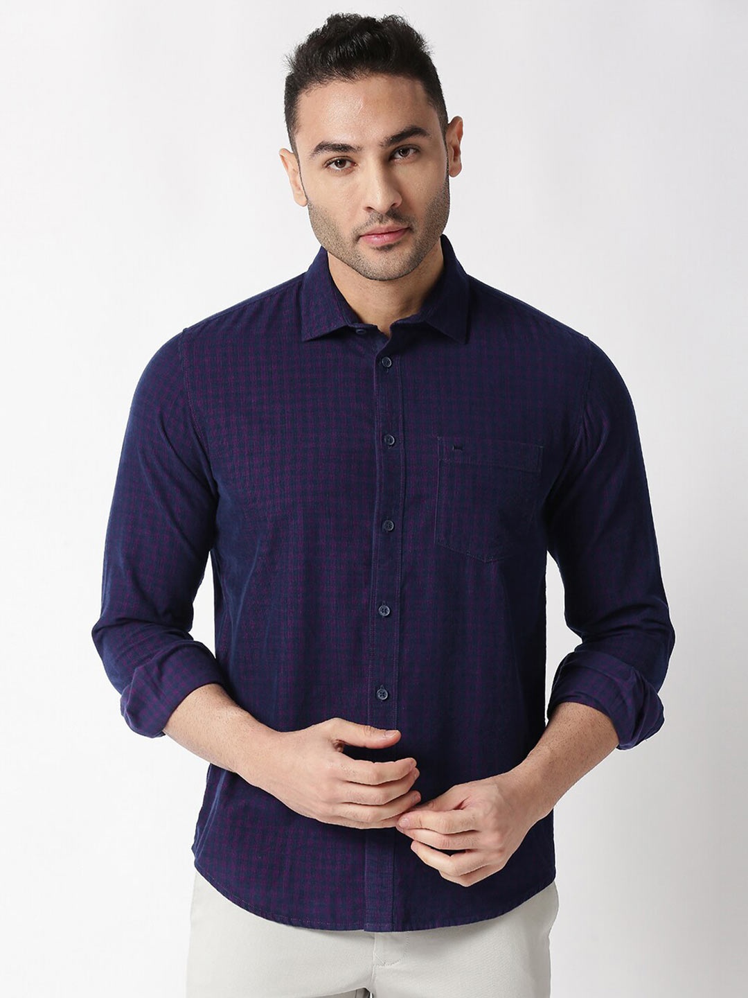 

Basics Men Slim Fit Checked Cotton Casual Shirt, Purple