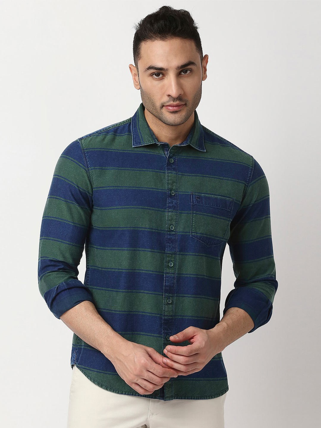 

Basics Men Green Slim Fit Horizontal Striped Cotton Casual Shirt