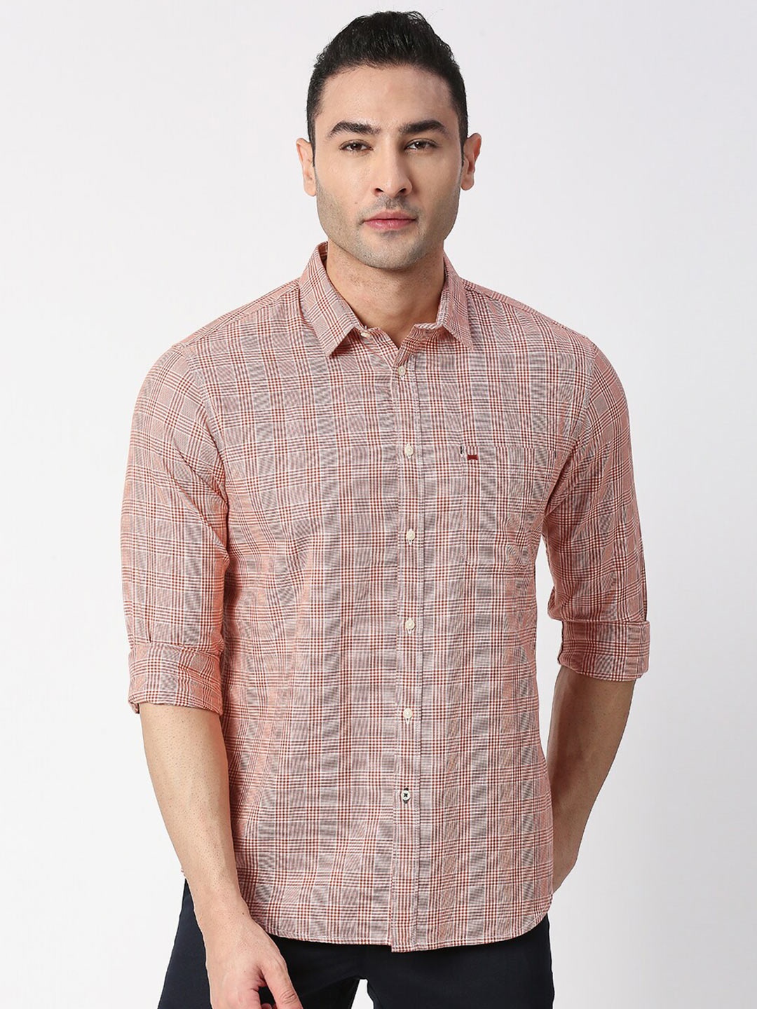 

Basics Men Orange Slim Fit Checked Casual Shirt