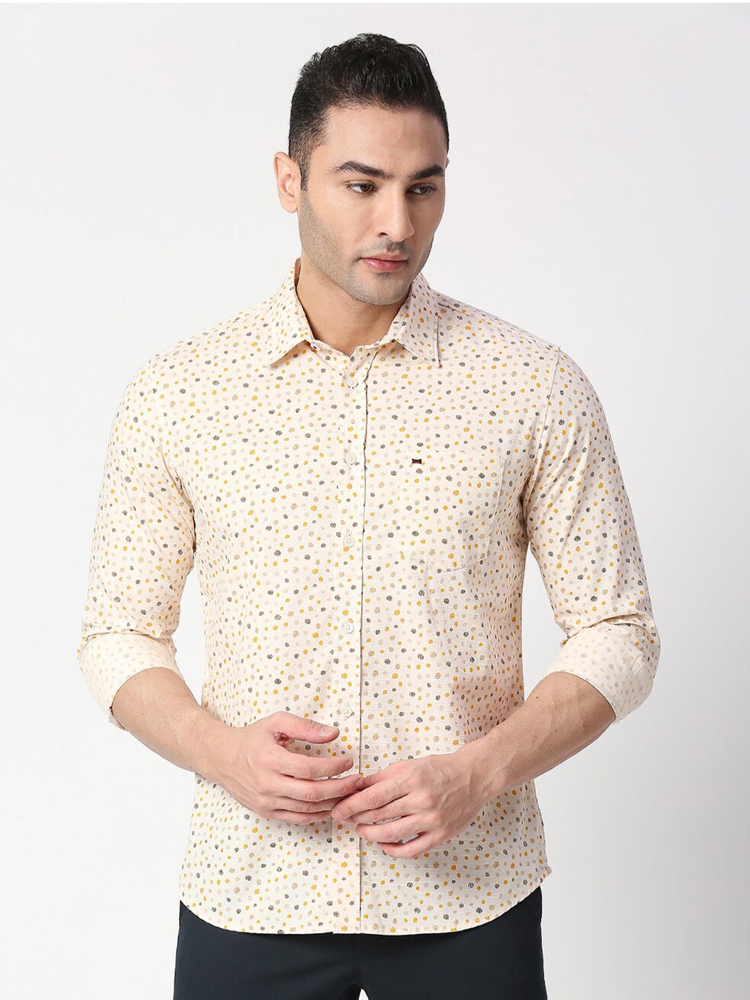 

Basics Men Slim Fit Printed Cotton Casual Shirt, Beige