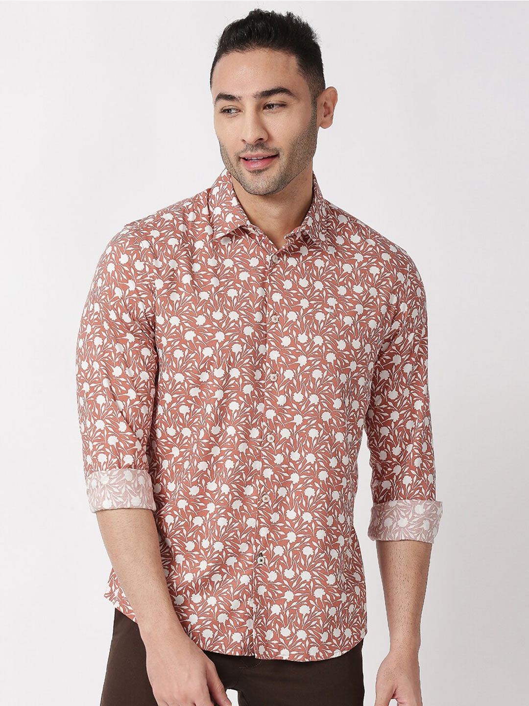 

Basics Men Slim Fit Floral Printed Cotton Casual Shirt, Peach