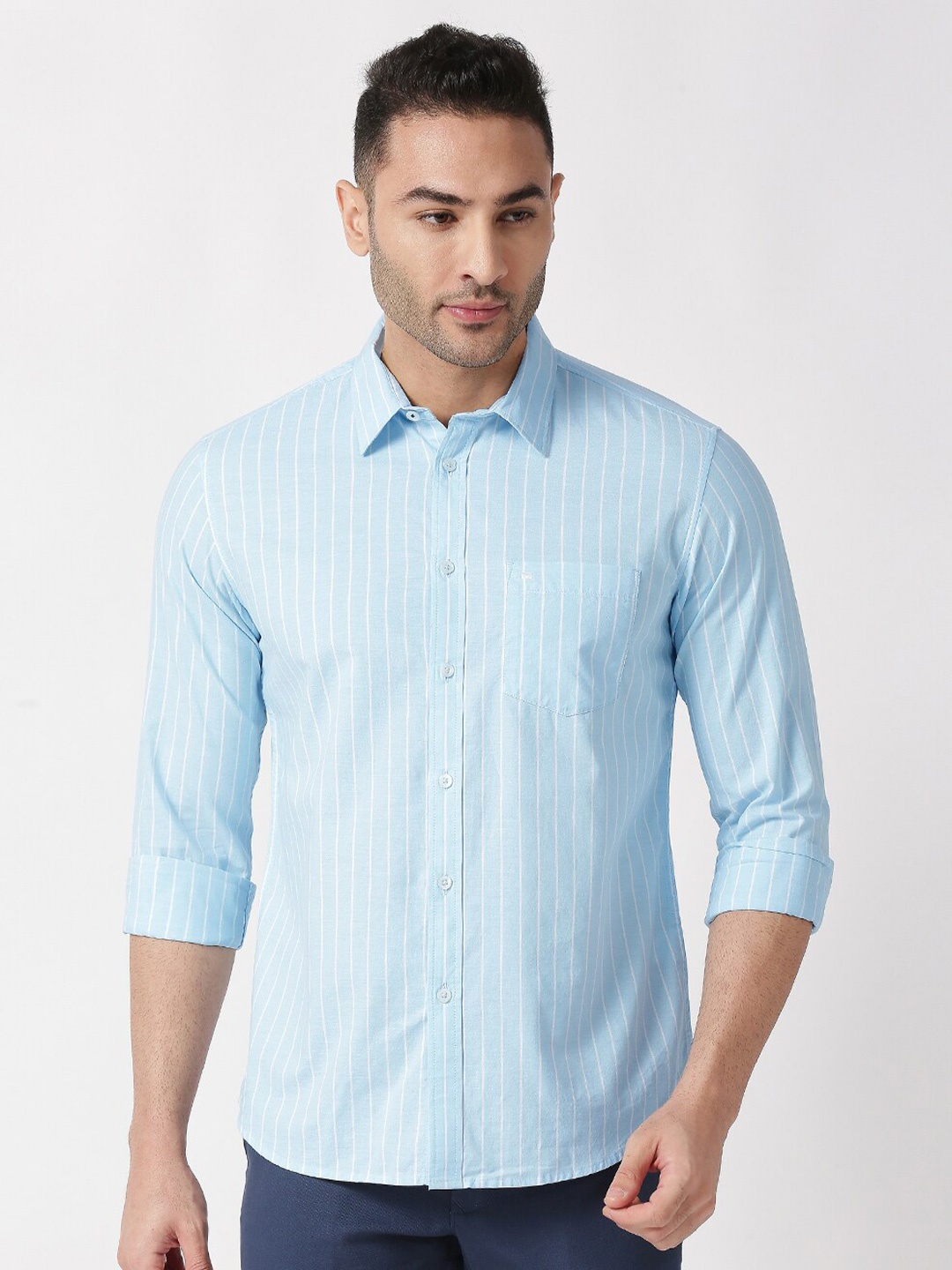 

Basics Men Blue Cotton Slim Fit Striped Casual Shirt