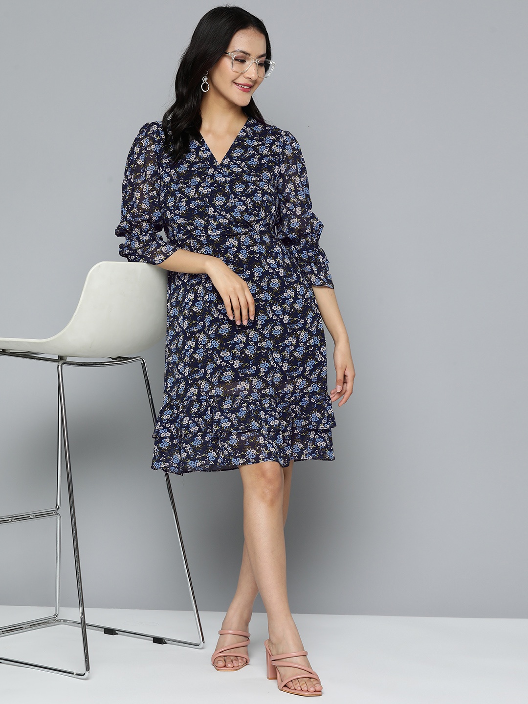 

HERE&NOW Blue & White Floral Crepe A-Line Dress