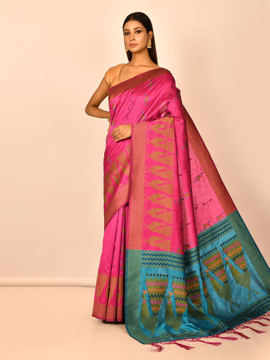 

AYKA CLOTHINGS Pink & Turquoise Blue Woven Design Ikat Saree
