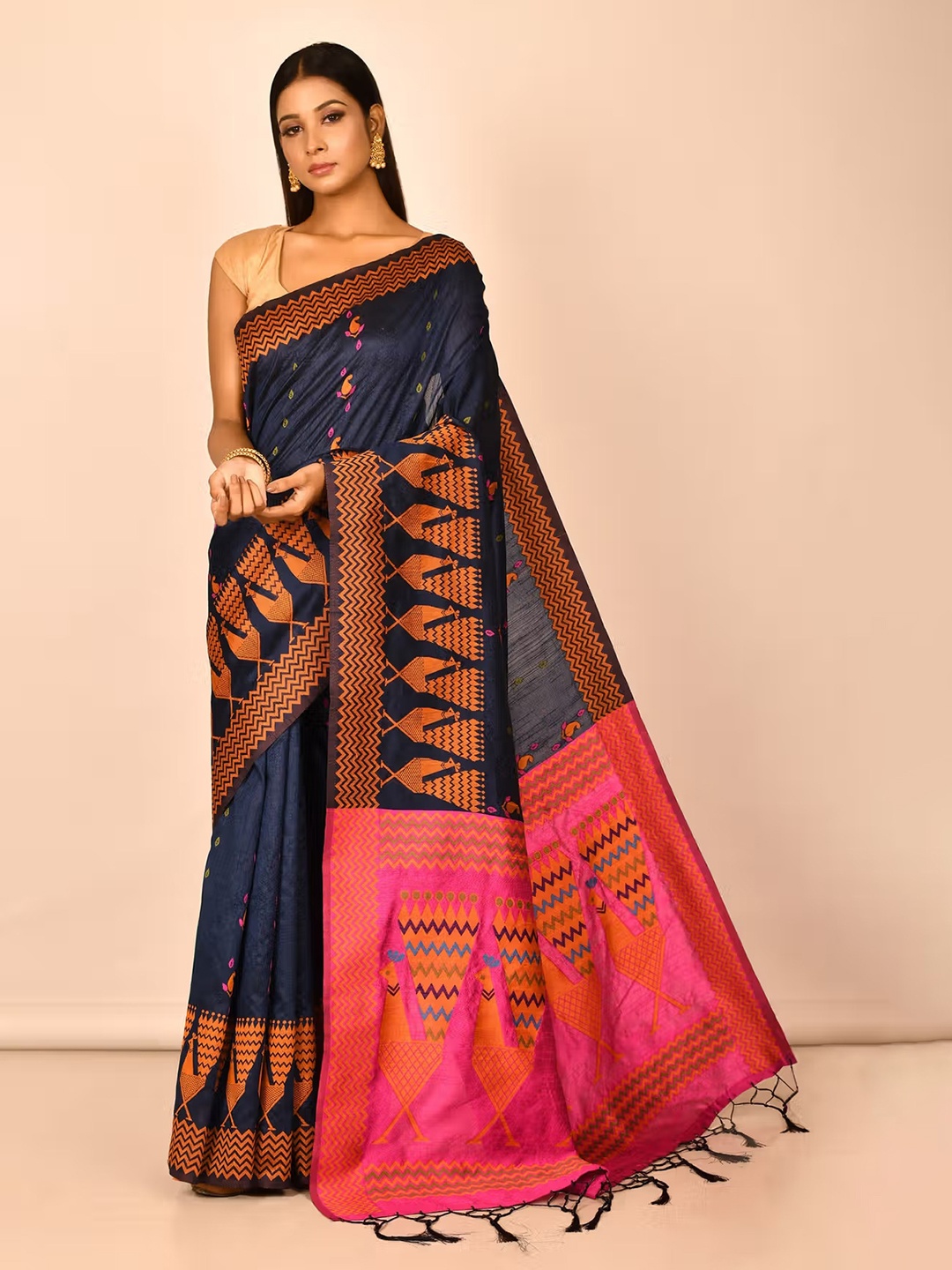 

AYKA CLOTHINGS Navy Blue & Orange Woven Design Zari Ikat Saree