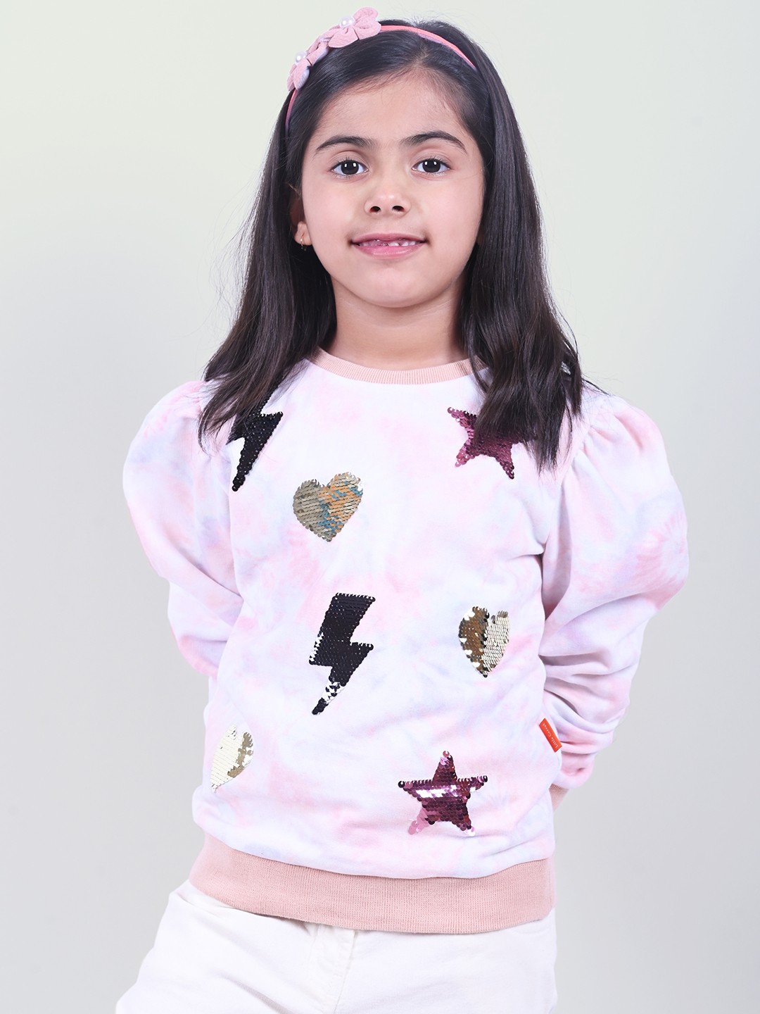 

Little Carrot Girls Peach-Coloured Printed Sequinned Fleece Sweatshirt