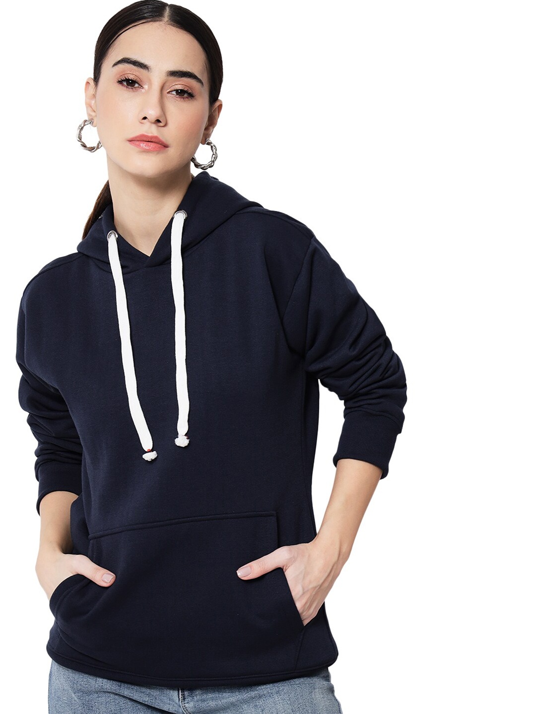 

FFLIRTYGO Women Navy Blue Hooded Fleece Sweatshirt
