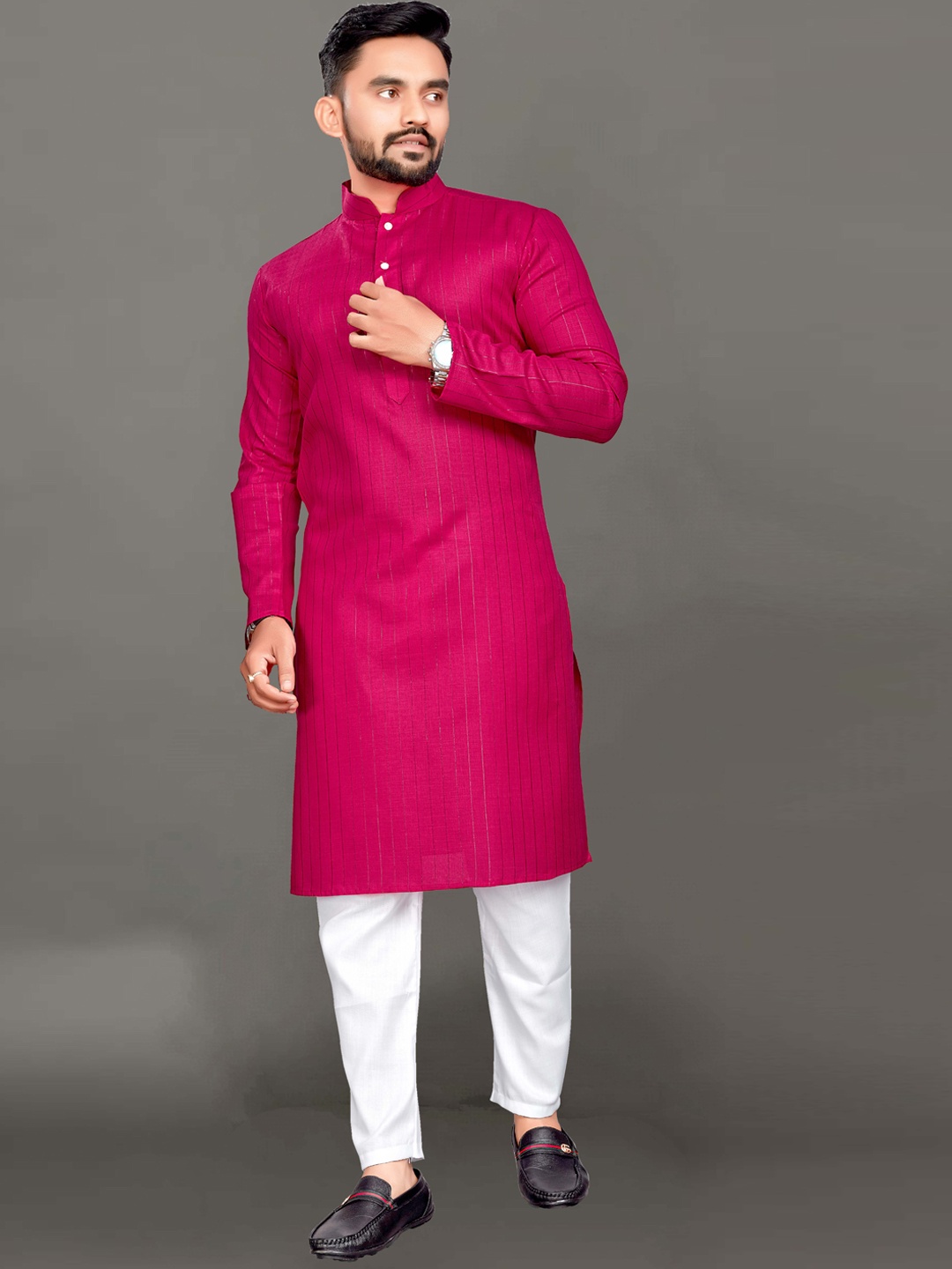 

Ekta Textiles Men Pink Striped Pure Cotton Kurta with Pyjamas