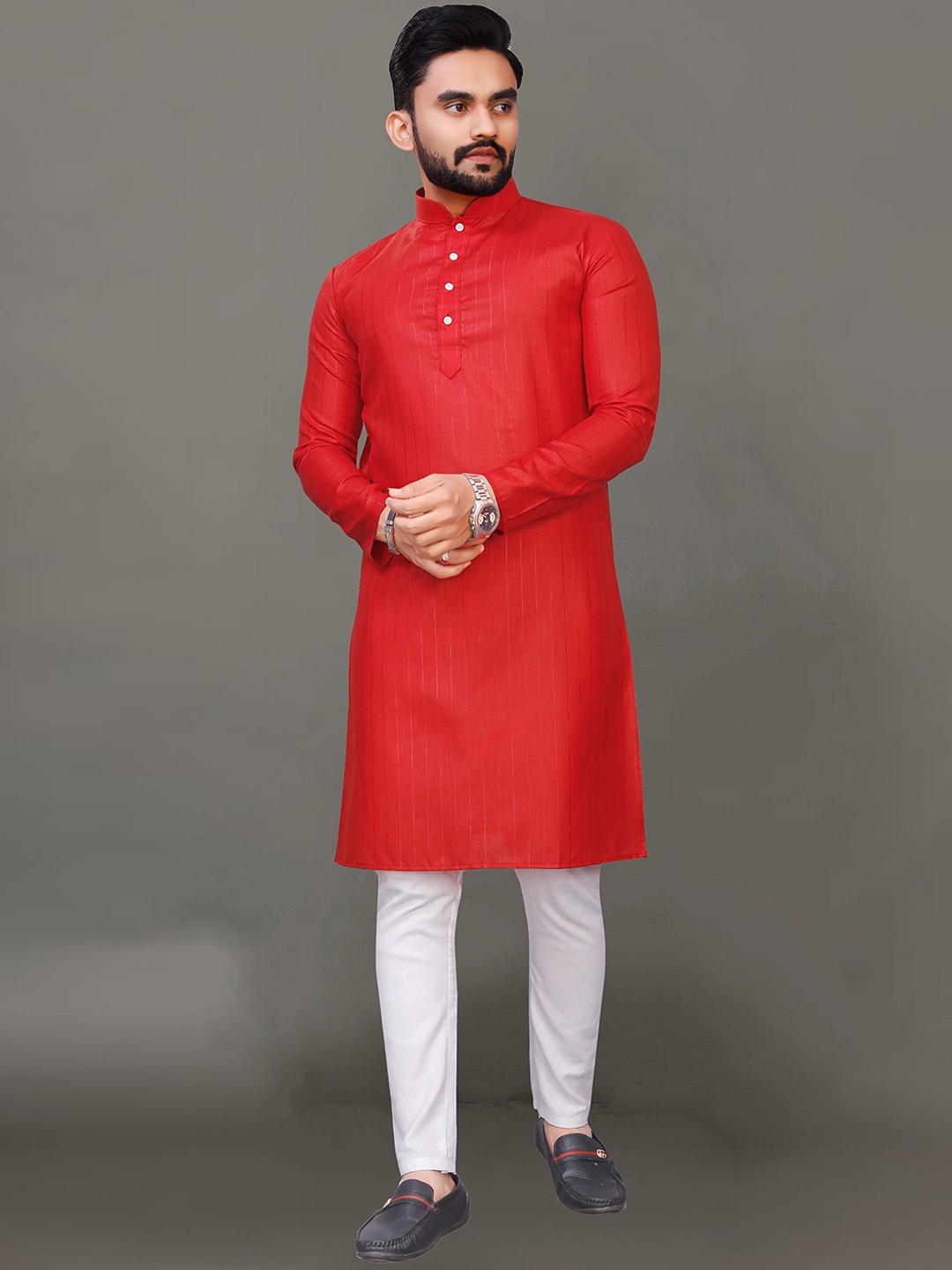 

Ekta Textiles Men Red Striped Pure Cotton Kurta with Pyjamas