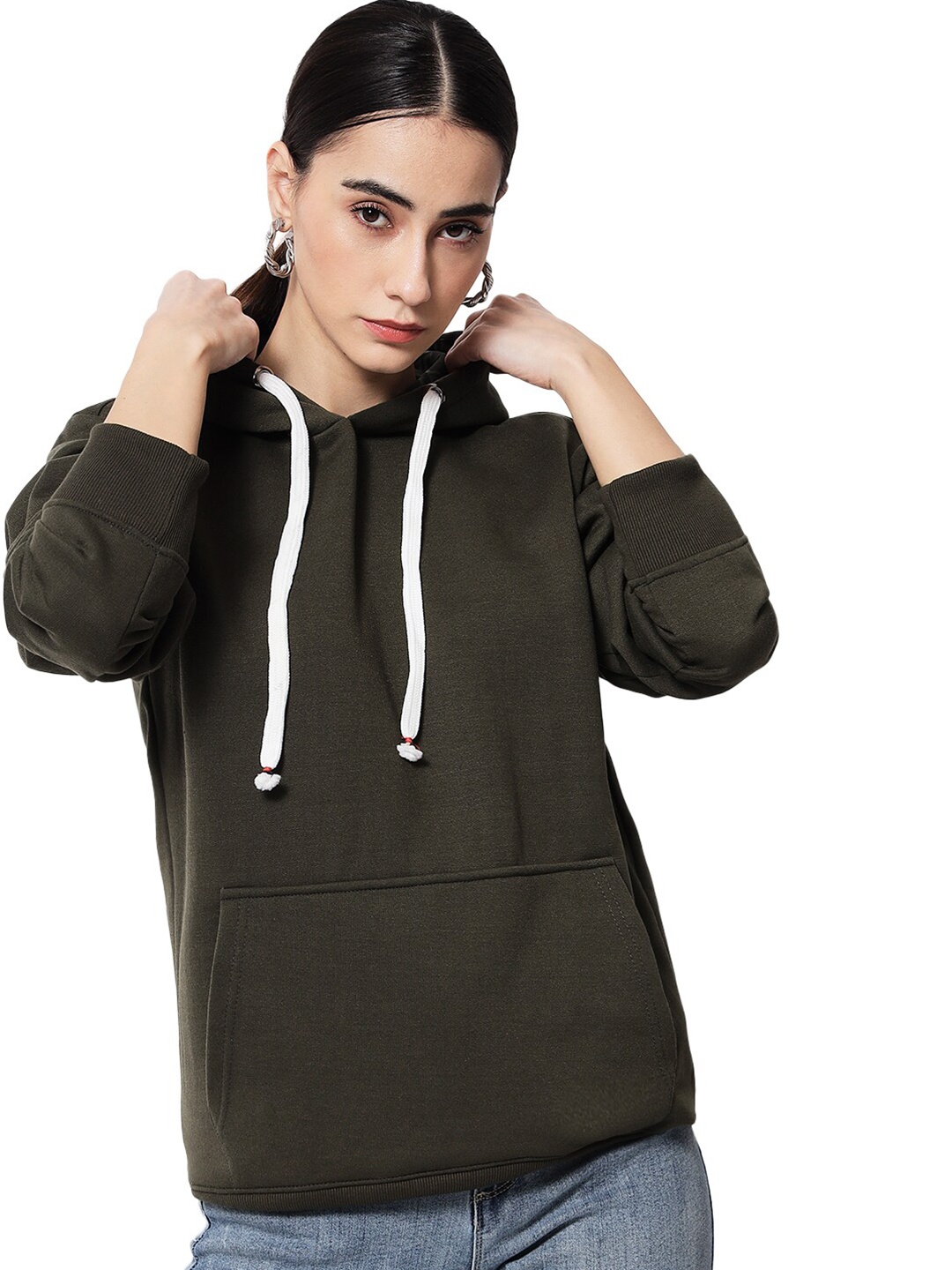 

FFLIRTYGO Women Olive Green Fleece Hooded Sweatshirt