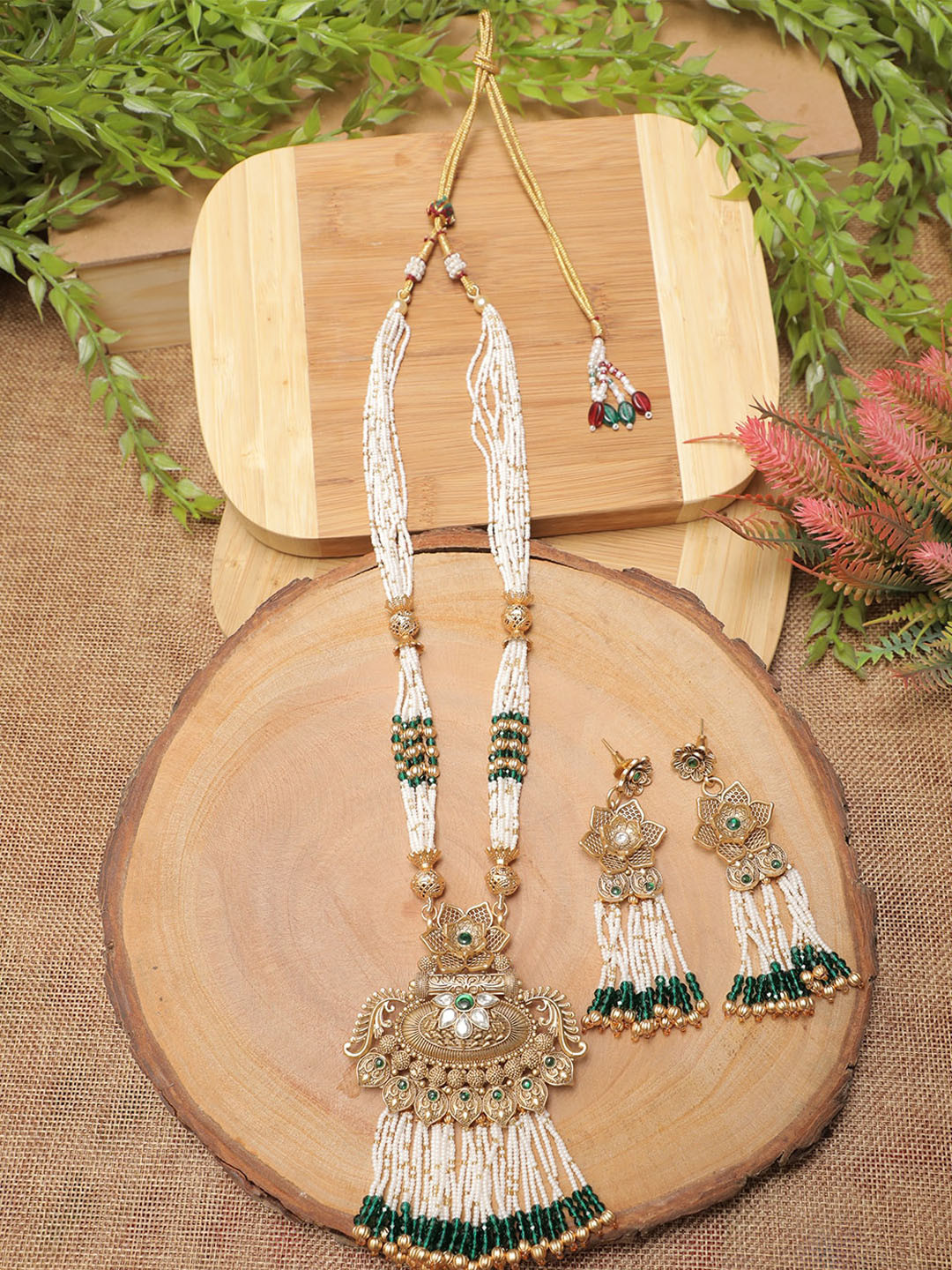 

Swarajshop Gold-Plated Green Pearl-Studded Jewellery Set