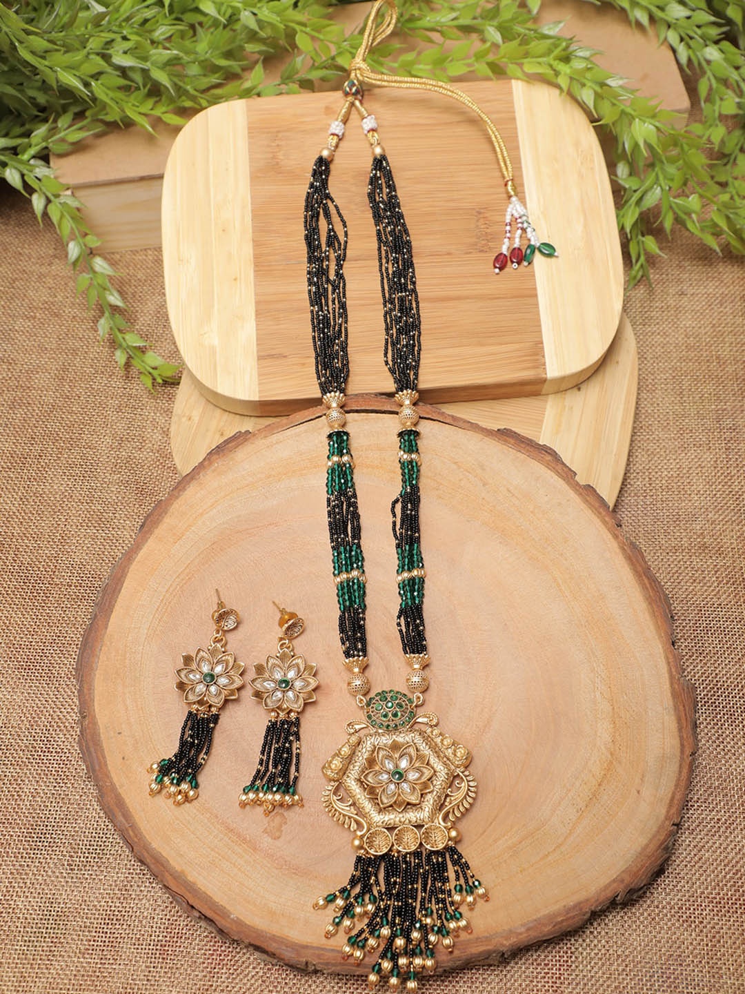 

Swarajshop Black & Green Gold-Plated Beaded Jewellery Set