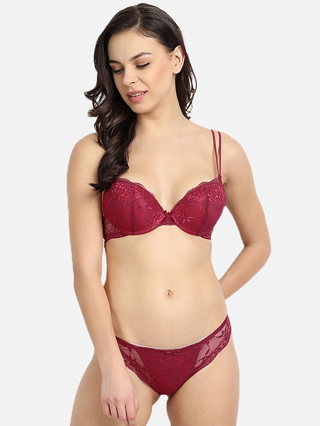 

Flenzy Women Maroon Self Design Lingerie Set