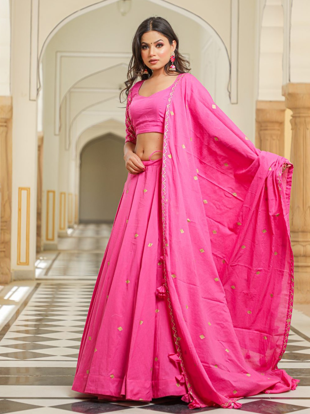 

Baisacrafts Magenta Golden Embroidered & Block Print Lehenga Choli With Dupatta