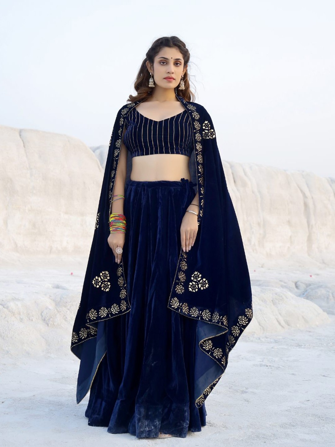 

Baisacrafts Blue & Gold-Toned Foil Printed Gotta Patti Lehenga Choli With Dupatta