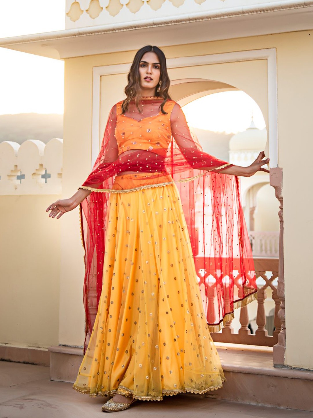 

Baisacrafts Yellow & Red Embellished Sequinned Lehenga Choli With Dupatta