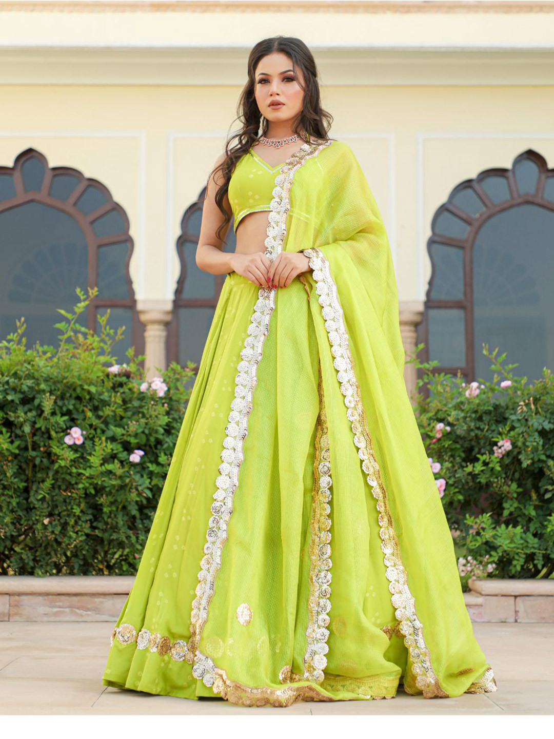 

Baisacrafts Lime Green & Gold-Toned Bandhani Printed Sequinned Lehenga Choli With Dupatta