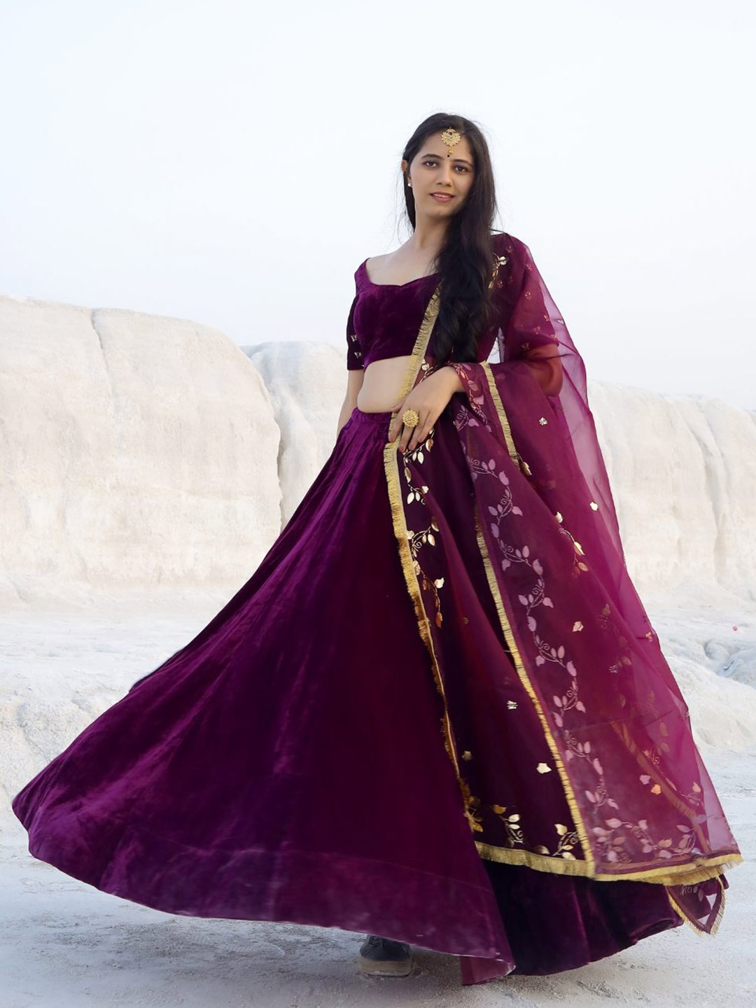 

Baisacrafts Violet & Gold-Toned Foil Print Lehenga Choli With Dupatta