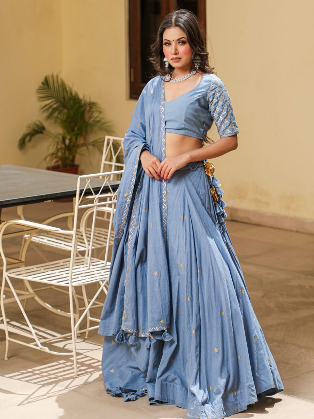 

Baisacrafts Grey & Gold-Toned Embroidered Block Print Lehenga Choli With Dupatta
