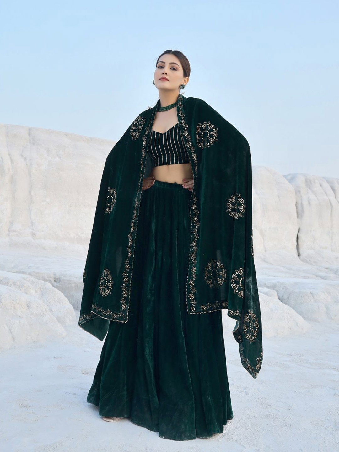 

Baisacrafts Green & Gold-Toned Foil Print Lehenga Choli With Dupatta