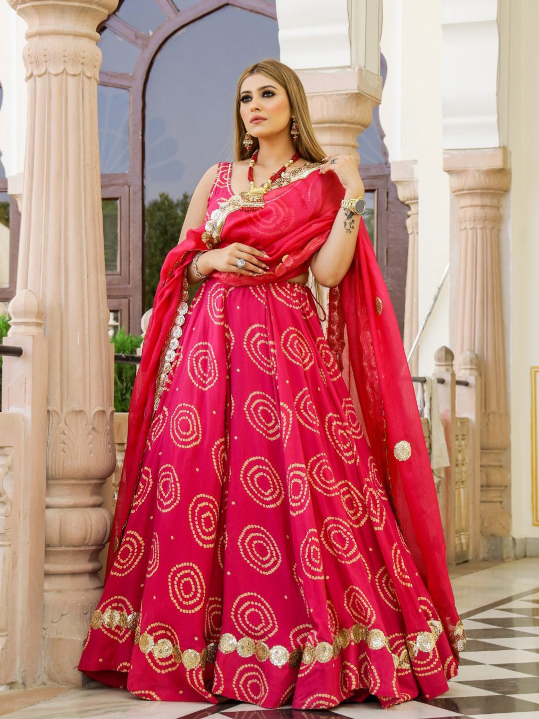 

Baisacrafts Pink & Magenta Bandhani Printed Thread Work Lehenga Choli With Dupatta